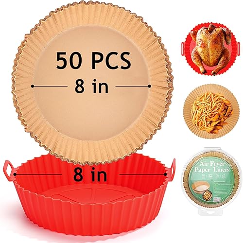 Violetfox - Forro de freidora de aire de 8 pulgadas, 50 piezas de papel pergamino desechable antiadherente para freidora de aire, 1 forro de