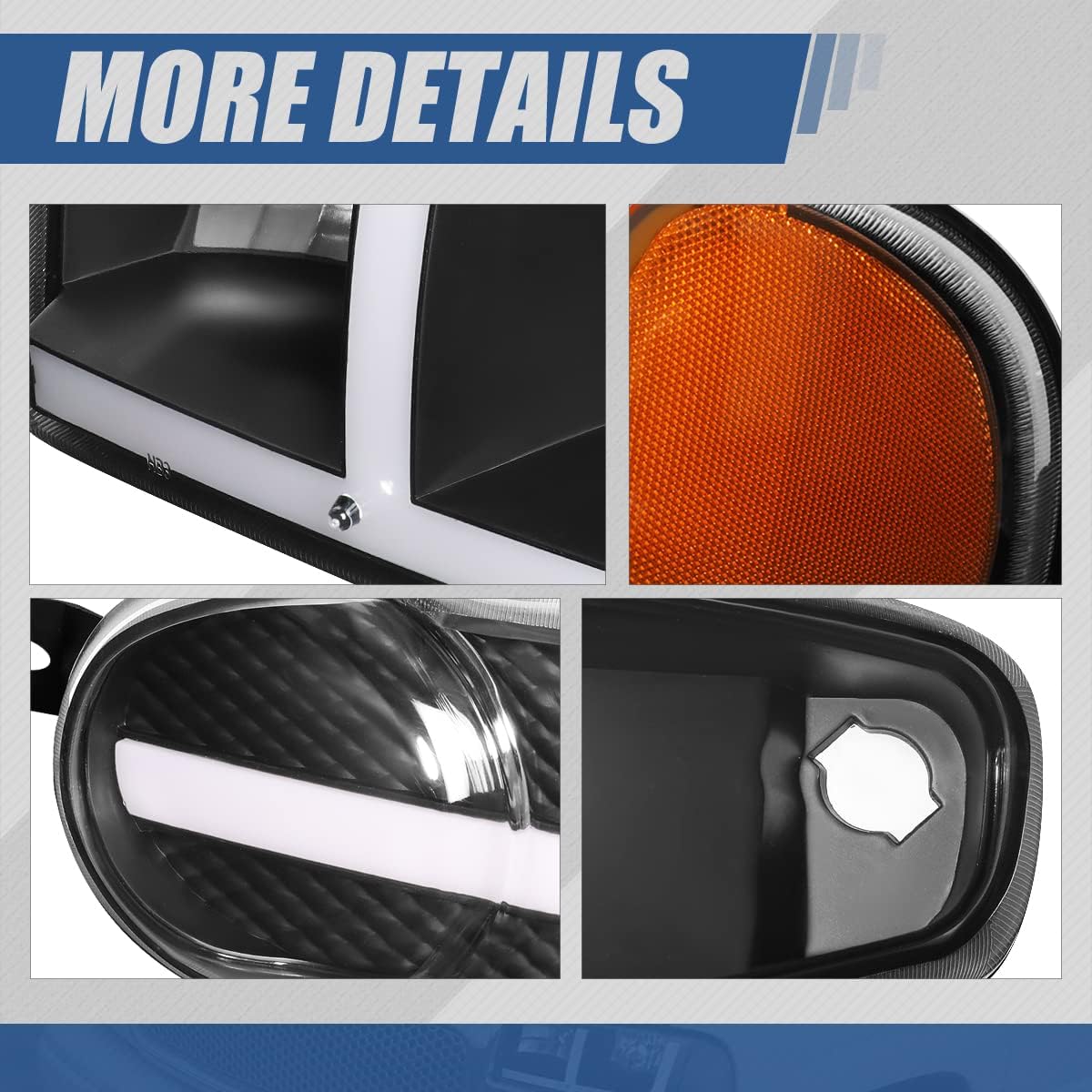 Auto Dynasty 4PCS Switchback LED DRL Headlights and Bumper Lamps Compatible with GMC Sierra C3 Yukon XL 1500 Denali 2001-2007, Driver and Passenger Side, Black Housing Amber Corner