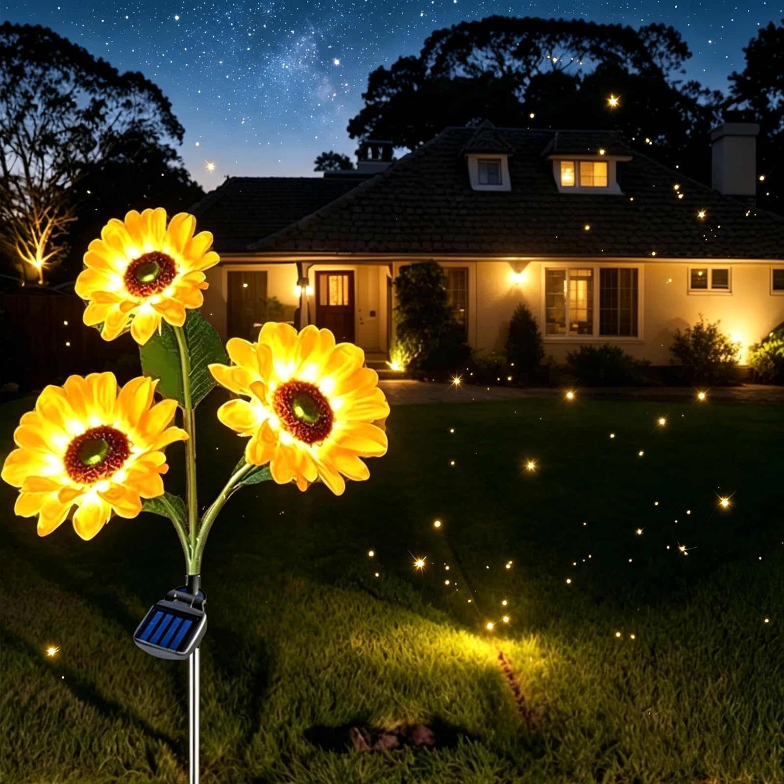 Solar Flower Lights Outdoor Garden, Solar Powered Sunflower Waterproof with Auto On/Off, Solar Flower Lights for Yard Patio Lawn, Decorative Outdoor Lighting for Landscape Pathway (3 Flower,1pcs)