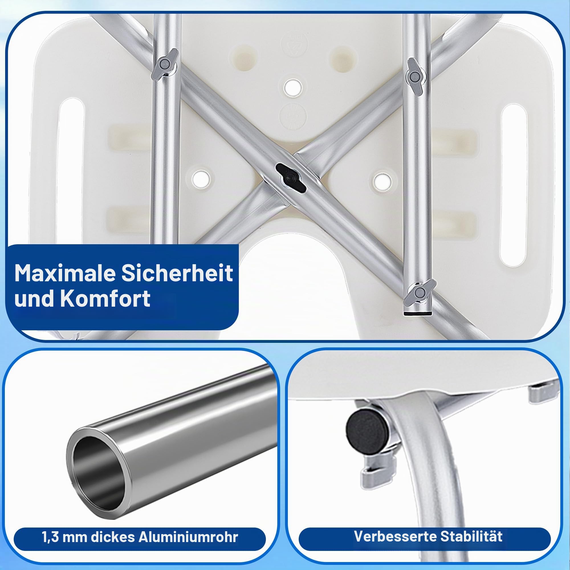 Duschhocker Höhenverstellbar 38.5-51cm mit Abnehmbarer Rückenlehne, Duschstuhl für Senioren rutschfeste Gummifüße Duschhilfe, Duschsitz für Dusche Badehocker Badstuhl belastbar bis 150kg