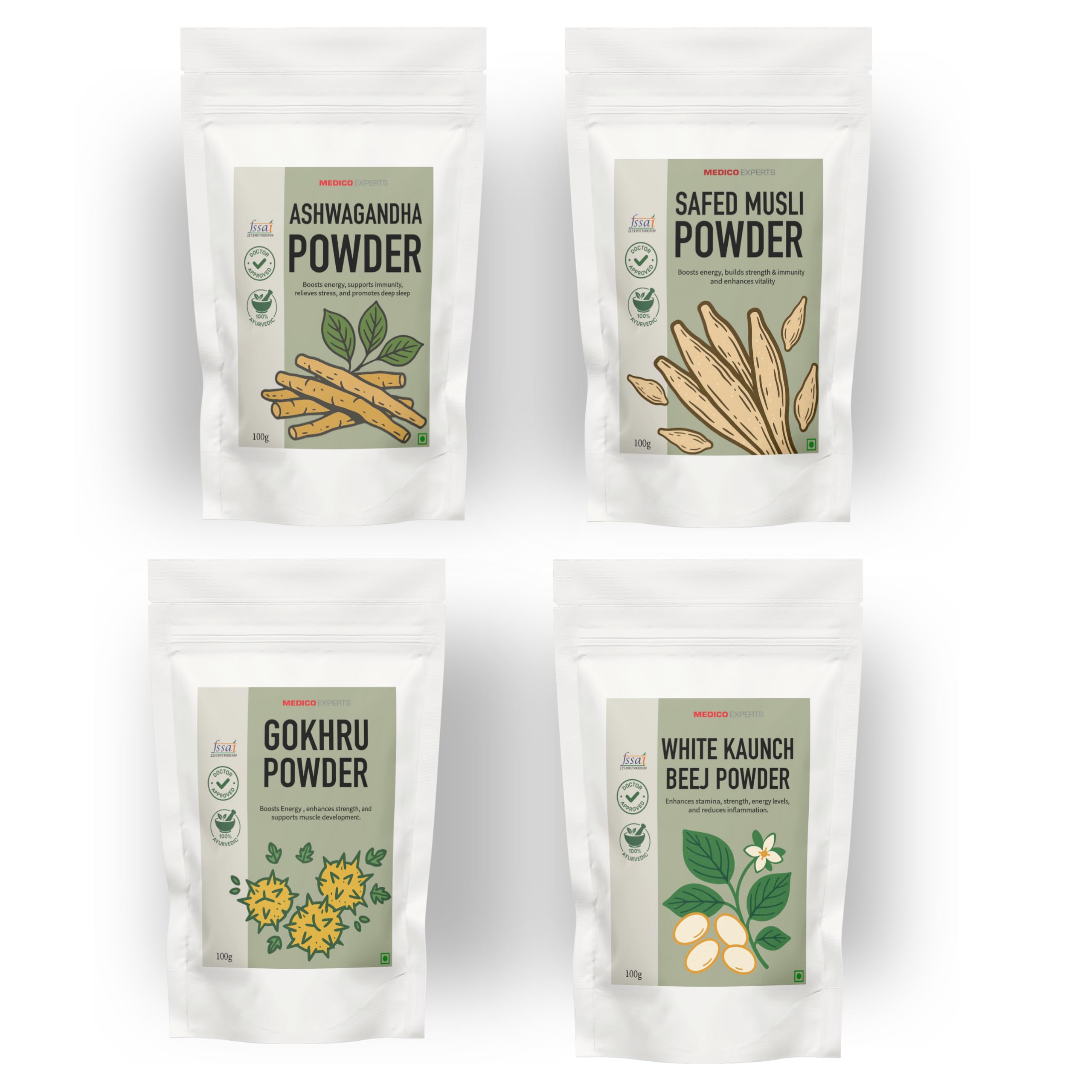 Ashwagandha Powder, Safed Musli Powder, White Kaunch Beej, Gokhru Powder/Gokshura - 400gm (100gm x 4 pack) | Pure & Natural | For Energy & Natural Immunity