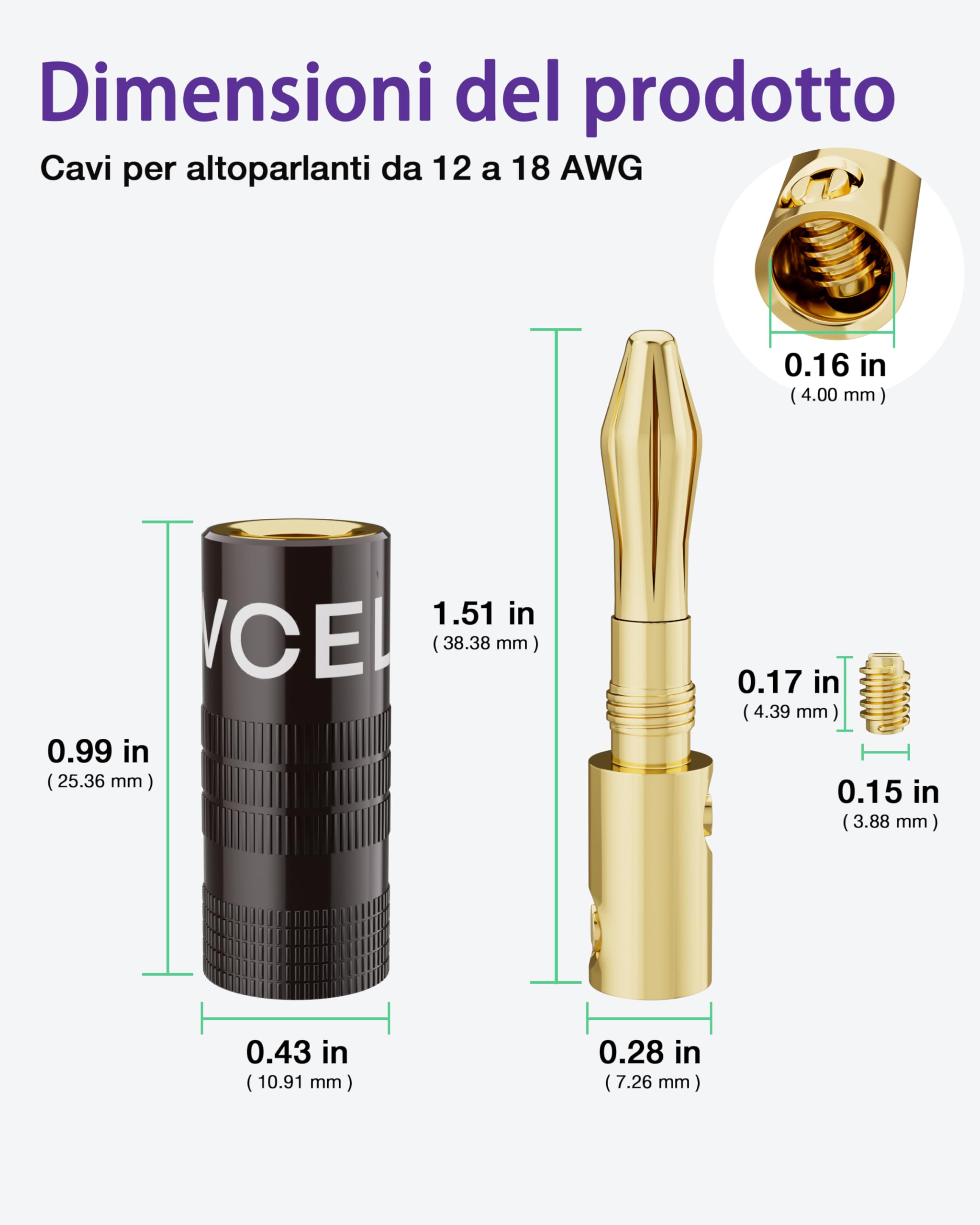 VCELINK 4mm Connettori a Banana, Placcate in oro 24K Connettori Banane Hifi a Doppia Vite per Fili da 12-18 AWG, Piastra a muro, Amplificatore, Home Theater, 4 Pezzie