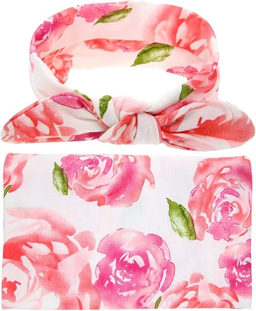 Baby Swaddle Blankets, Receiving Blanket with Headband Set, Flower Print Muslin Swaddle Blankets for 0-3 Months Girl Boy Infant Easy Adjustable Sleep Sack Wrap Newborn Babies