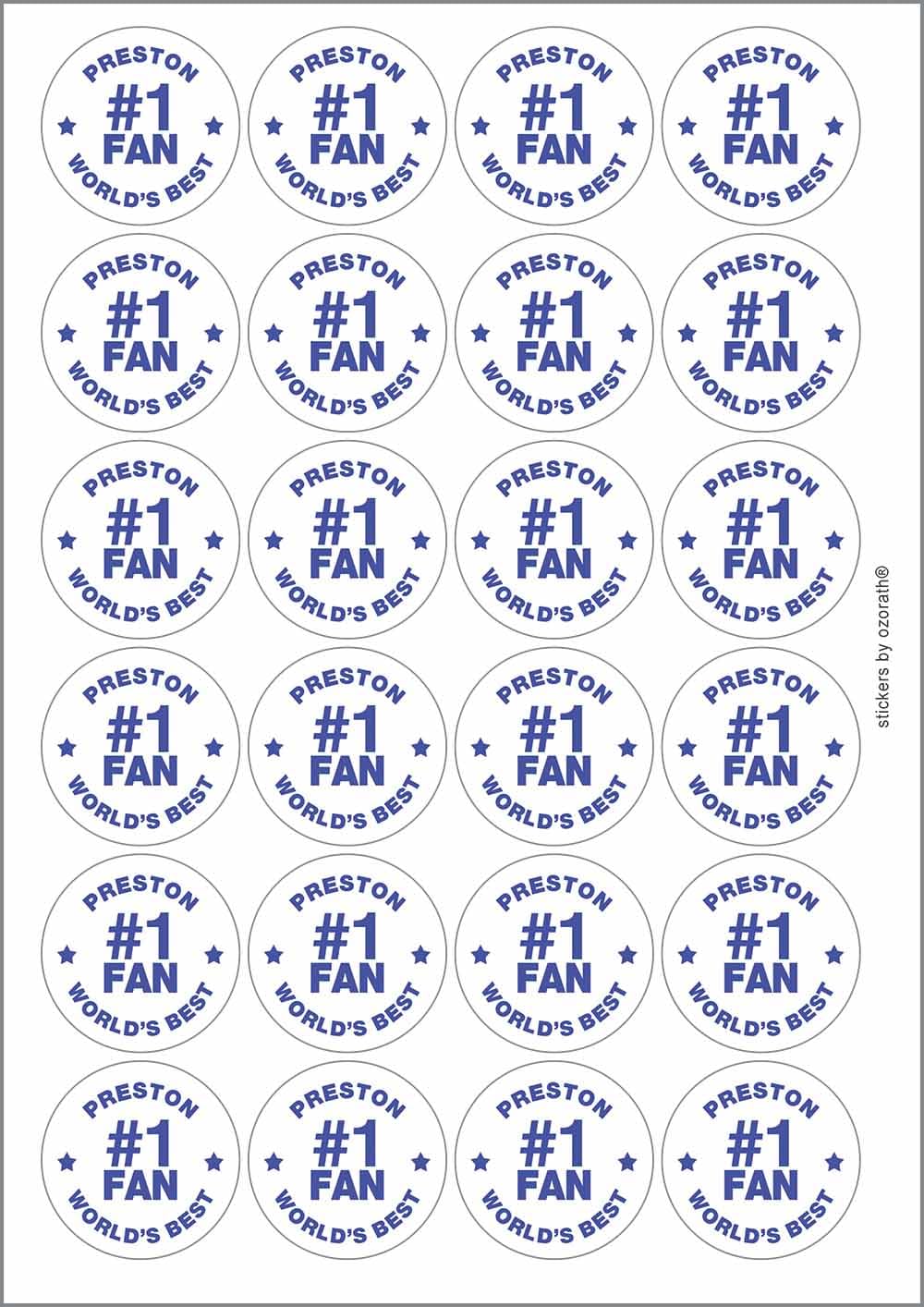 Preston #1 Fan Circular Matt Paper Stickers A4 Sheet of 24 (Each Sticker is 45mm Diameter)