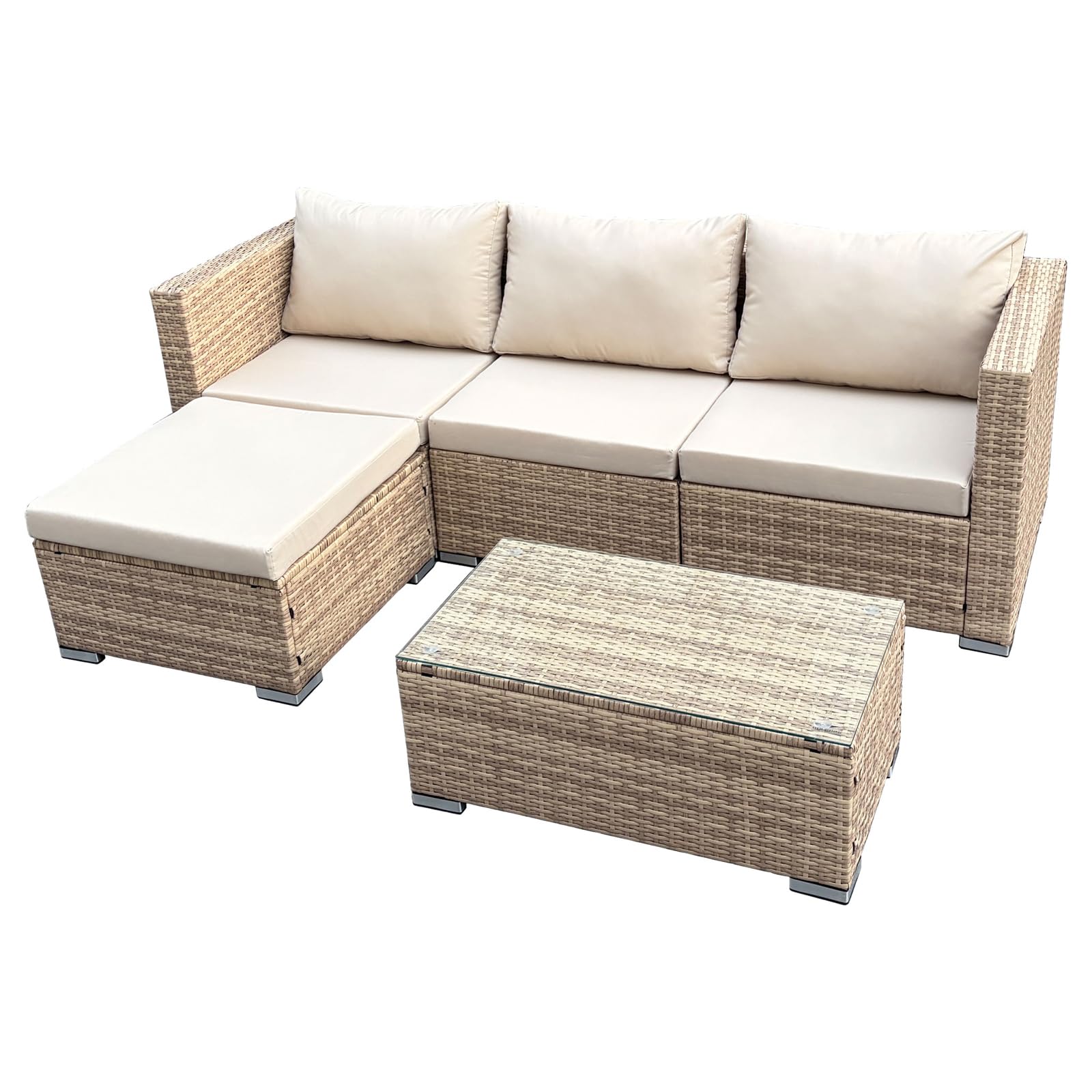 SVITA Queens Gartenlounge 5-teilig Polyrattan Lounge Set wetterfest Garten Terrasse Balkon inkl. Kissen Glas Tisch Beige