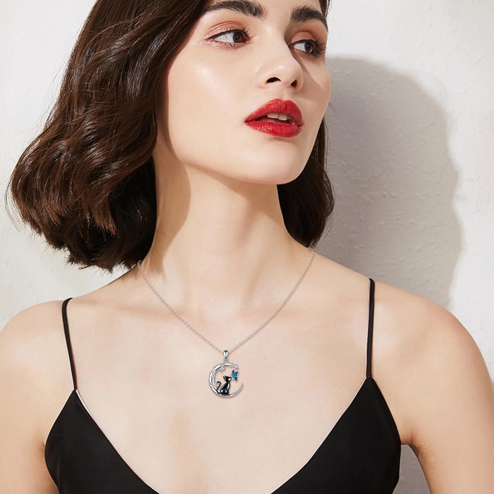 VONALA Katze Halskette für Frauen 925 Sterling Silber Schwarze Katze Halskette Blau Schmetterling Katze Schmuck Geschenke Geburtstag Geschenke für Frauen Katze Liebhaber Frau