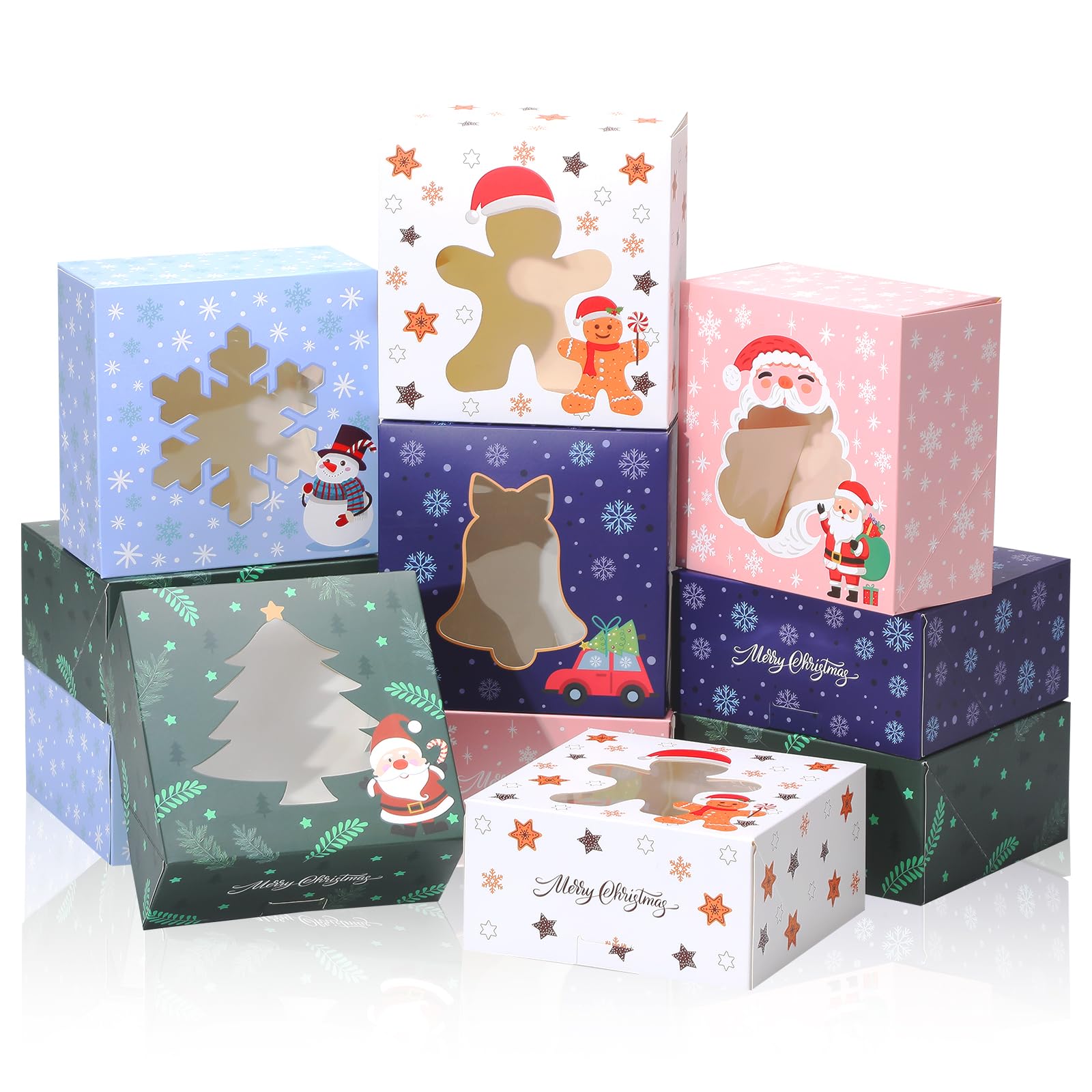 DOYIDE 30Pcs Christmas Cookie Boxes for Gift Giving, 6x6x3 inch Bakery Box with Window, Xmas Treat Boxes for Holiday Party Favor Pastries, Cupcakes, Cookies, Muffins, Donuts, Gift Wrapping