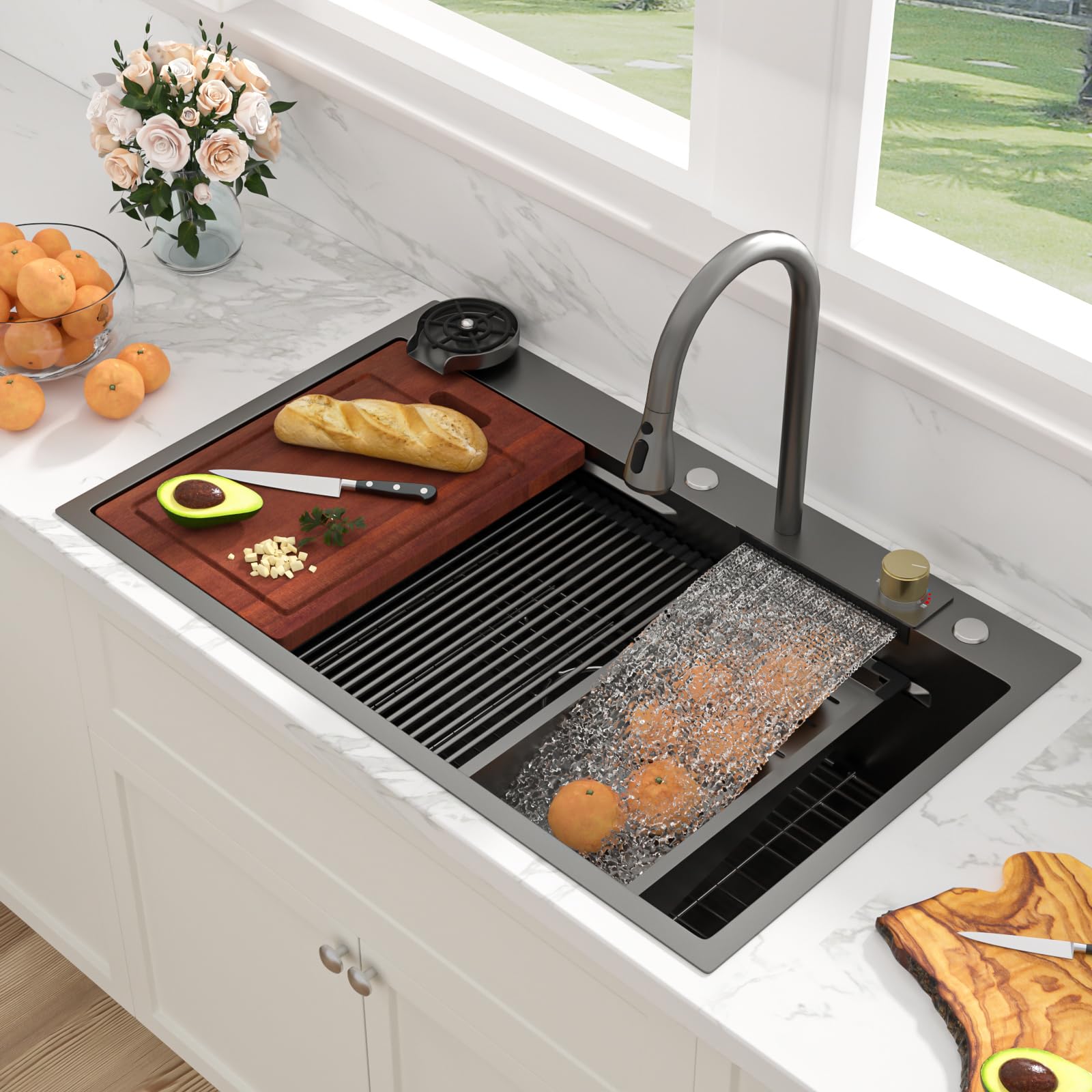 Photo 1 of Sarlai 36 Inch Waterfall Kitchen Sink Workstation - 36x22 Black Waterfall Drop In Sink Stainless Steel 16 Gauge Sink Multifunction Single Bowl Smart Top Mount Kitchen Sinks with Faucet Combo