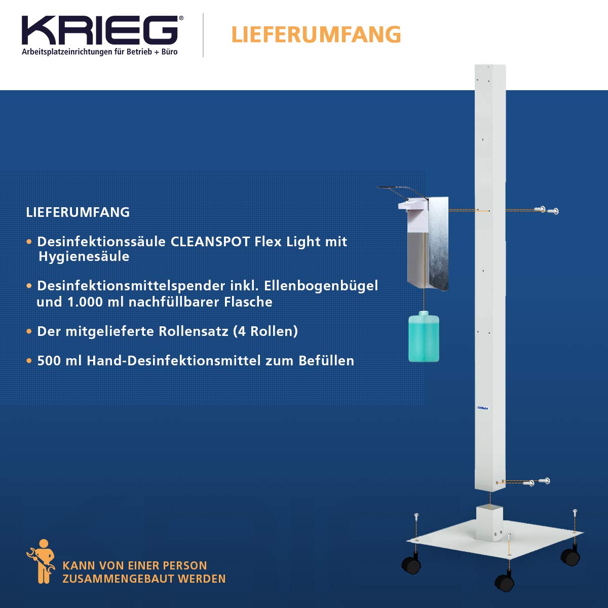 KRIEG Desinfektionssäule stehend I Grau I Hygienestation freistehend & mobil I Hygienesäule mit Desinfektionsmittel I 1000 ml - 333 Sprühstöße I Ready to go