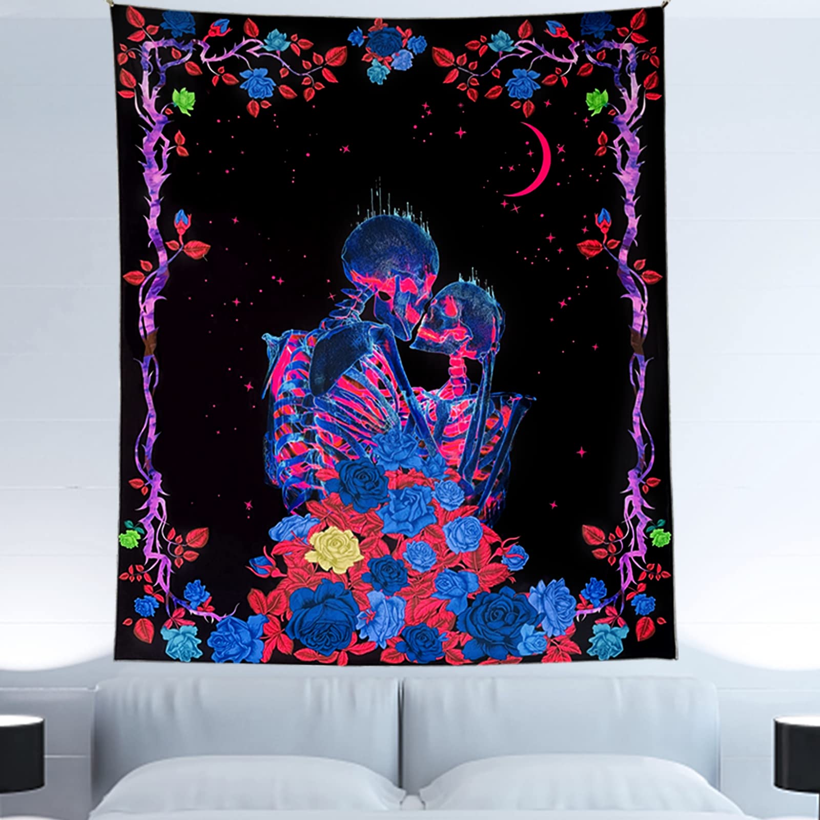 Arazzo Leofanger Blacklight Con Teschio, Farfalle E Fiori – 32,5 X 130 Cm