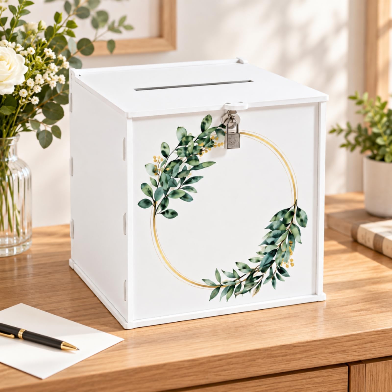 Boîte Mariage En PVC Serrure à Monter -même Urne Réception Cronne Feuilles Polyvalent pr Cérémonies Fêtes