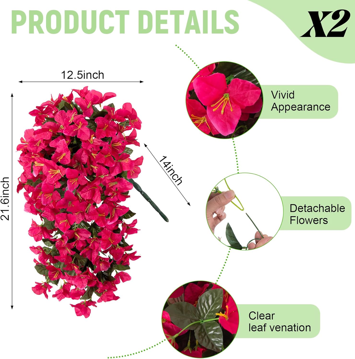 Fake Bougainvillea Artificial Flowers for Outdoors Decoration 2 pcs Faux Hanging Flowers Plants for Outdoor Planters UV Resistant Silk Bougainvillea Vines for Front Door Porch Urn Patio Garden - Image 2