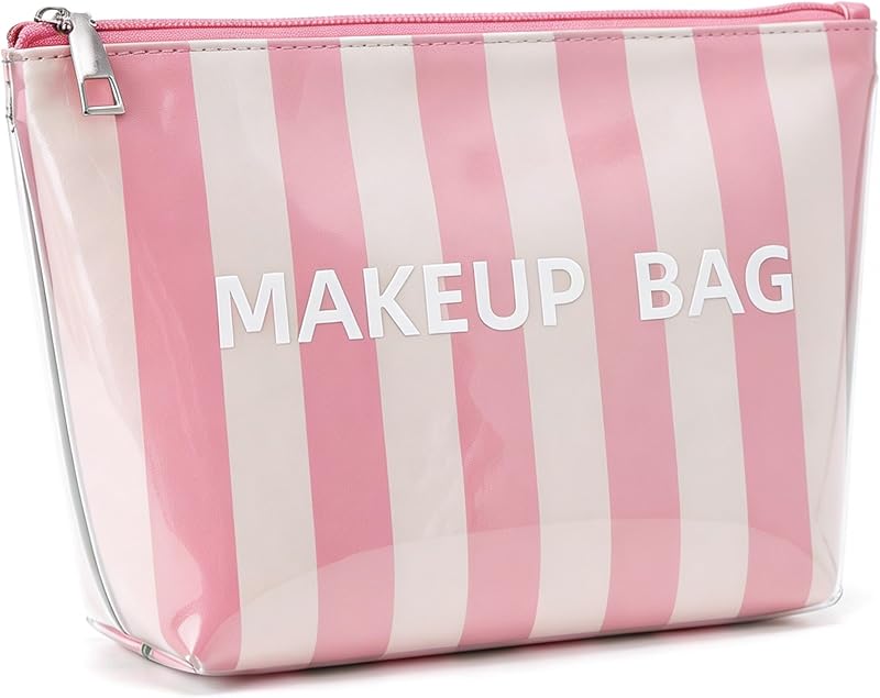Necessaire LETGO de maquiagem em nylon com zíper, estampa listrada Stripe-Pink Beige, pacote com 1