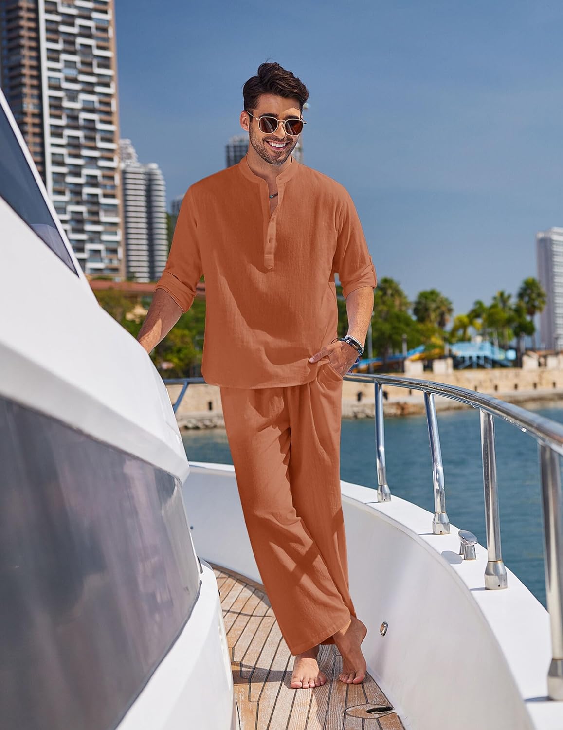 COOFANDY Men's 2 Pieces Cotton Linen Set Long Sleeve Henley Shirts Casual Beach Pants With Pockets Summer Yoga Outfits