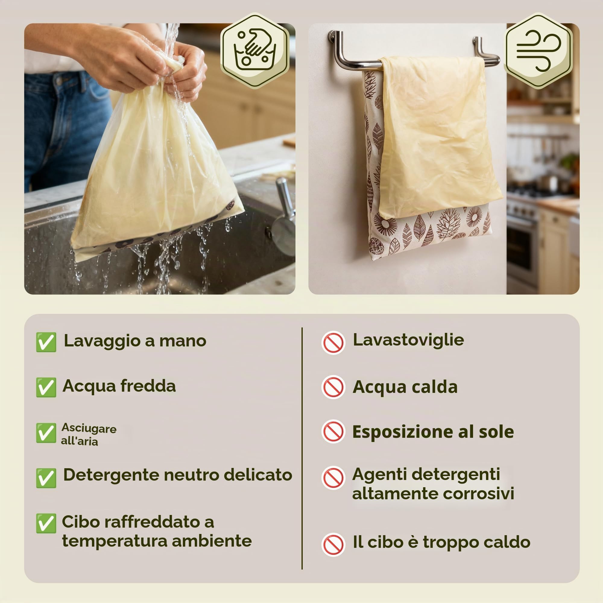 OHIYO Sacchetti riutilizzabili in cera d'api per congelatore e frigorifero, sacchetti di cotone rivestiti in cera d'api naturale per conservare gli alimenti freschi e fragranti (confezione da 2)