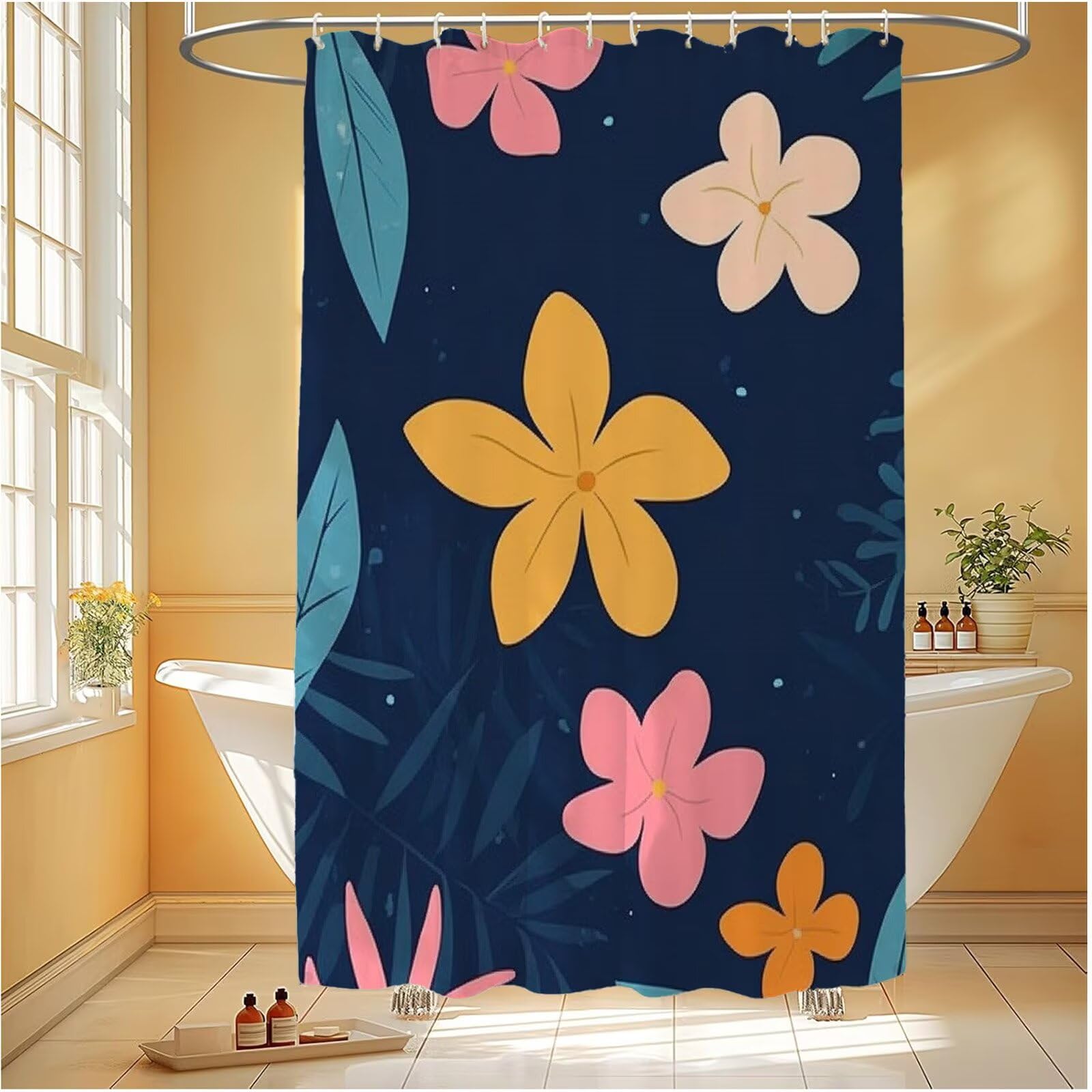 Rideau de douche jaune et marine pour sublimer le jardin ou le bain