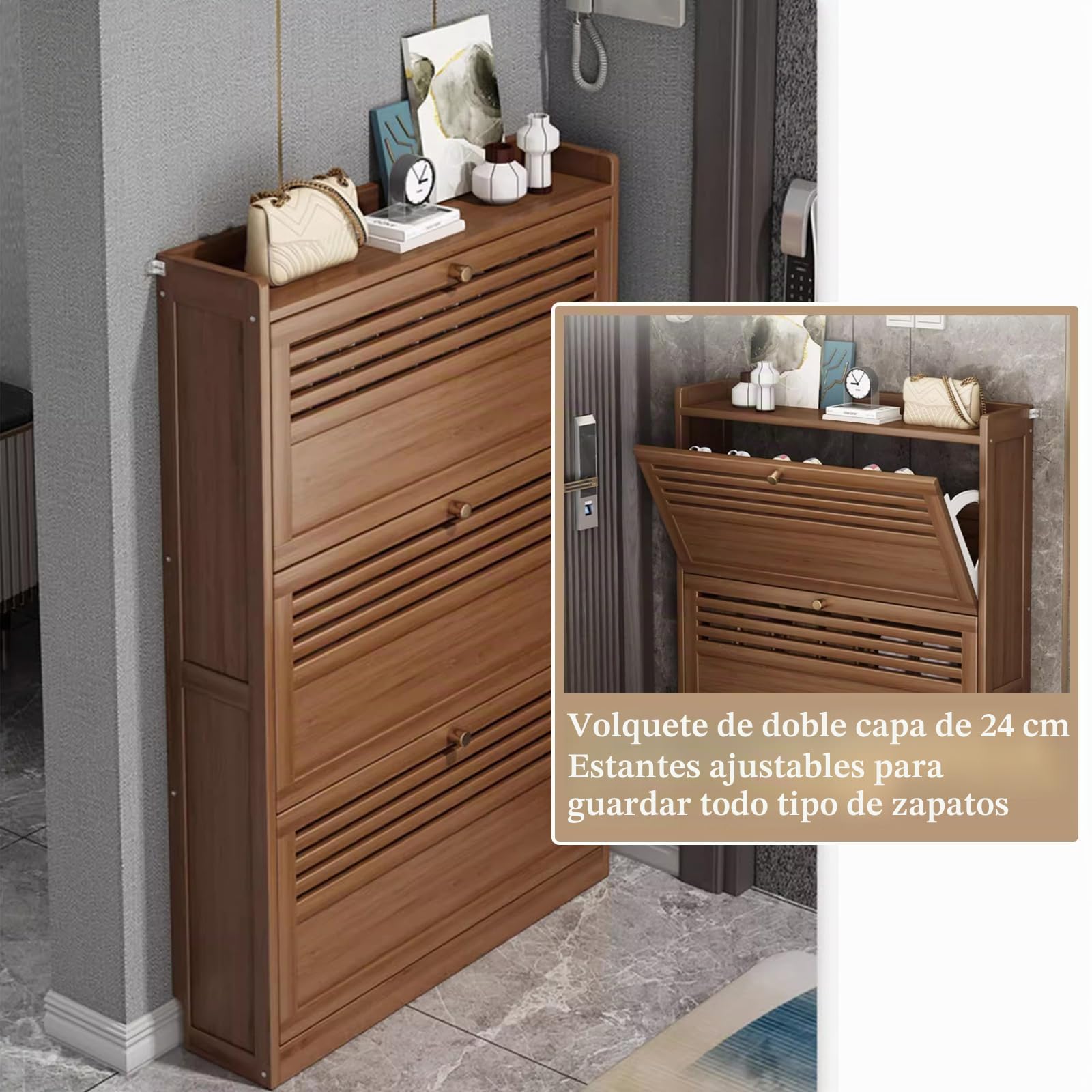 Armario Zapatero Estrecho De Bambú, Mueble Zapatero con 2/3 Puertas Abatibles, Zapateros Estrechos Y Altos para Pasillo De Casa, Dormitorio Y Recibidor, Ancho 17cm