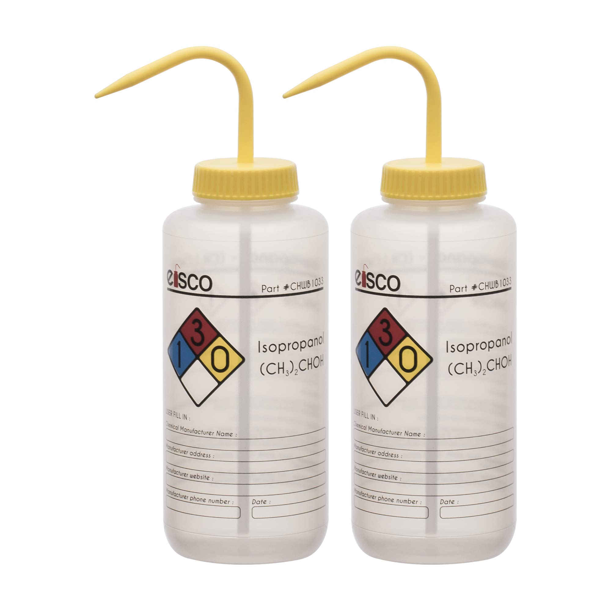 EISCO 2 flaconi per isopropanolo, 1000 ml, etichettati con codice colore sulle sostanze chimiche e informazioni di sicurezza (4 colori), bocca larga, autosalcati, in polietilene a bassa densità