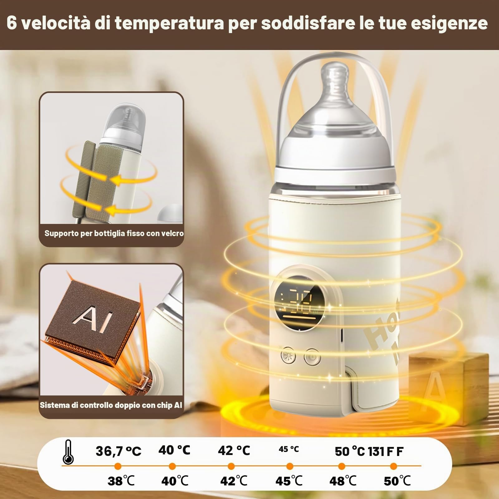 scaldabiberon per bambini, portatile, in viaggio con display LCD, ricarica USB, 6 temperature regolabili 38-50 ℃, scaldabagno per bambini in viaggio e in casa (beige)