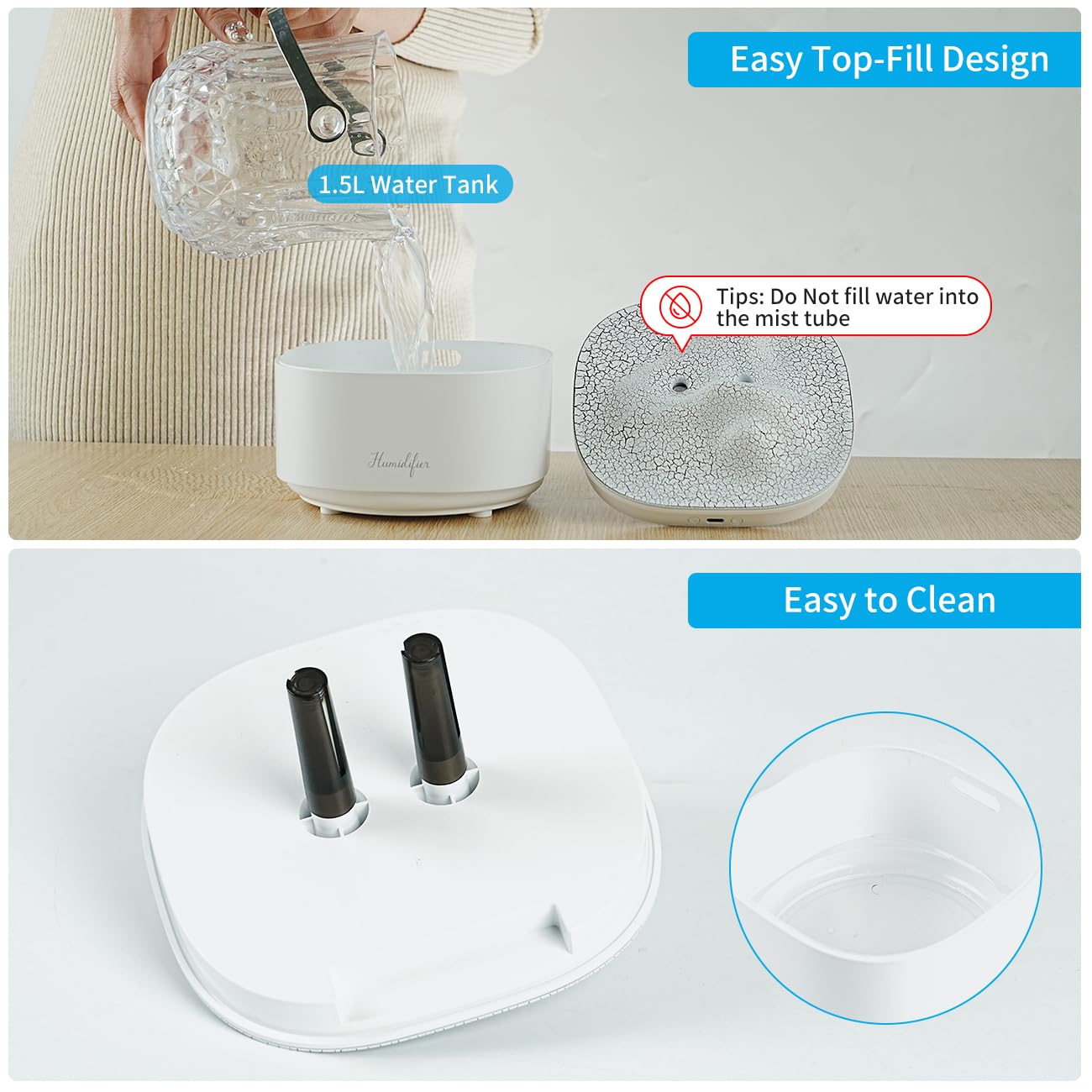 Przenośny nawilżacz powietrza, 1500 ml, zimna mgiełka, osobisty nawilżacz USB, do biura, sypialni, automatyczne wyłączanie, lampka nocna LED, 7 kolorów, 2 tryby mgiełki, super cichy (biały)
