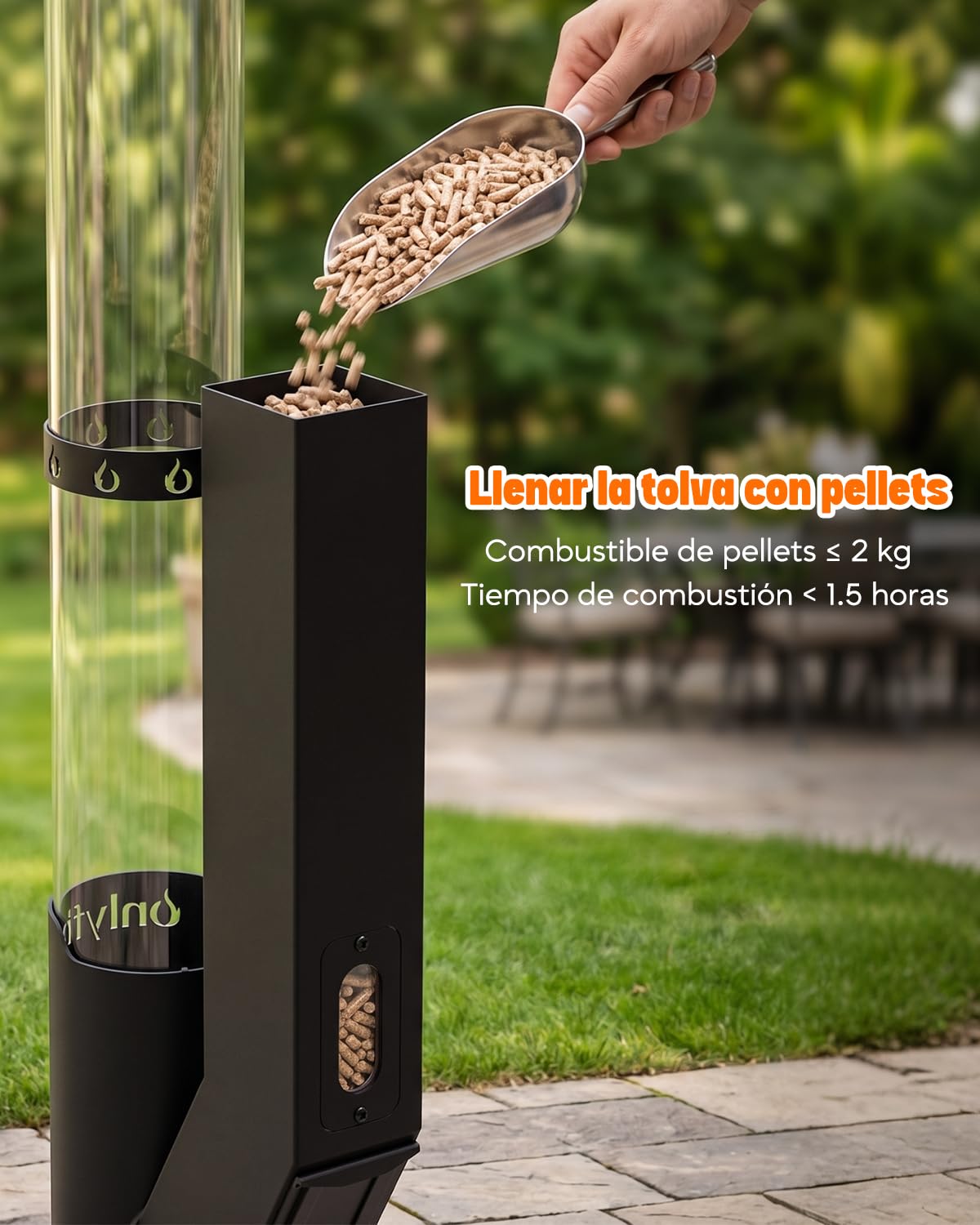 Onlyfire Estufa de Exterior de Pellets, Antorcha con Llama en Espiral de 360°, Chimenea de Jardín con Cilindro de Cristal de 65cm, Brasero de Exterior para Terraza y Camping, Altura Total 110cm