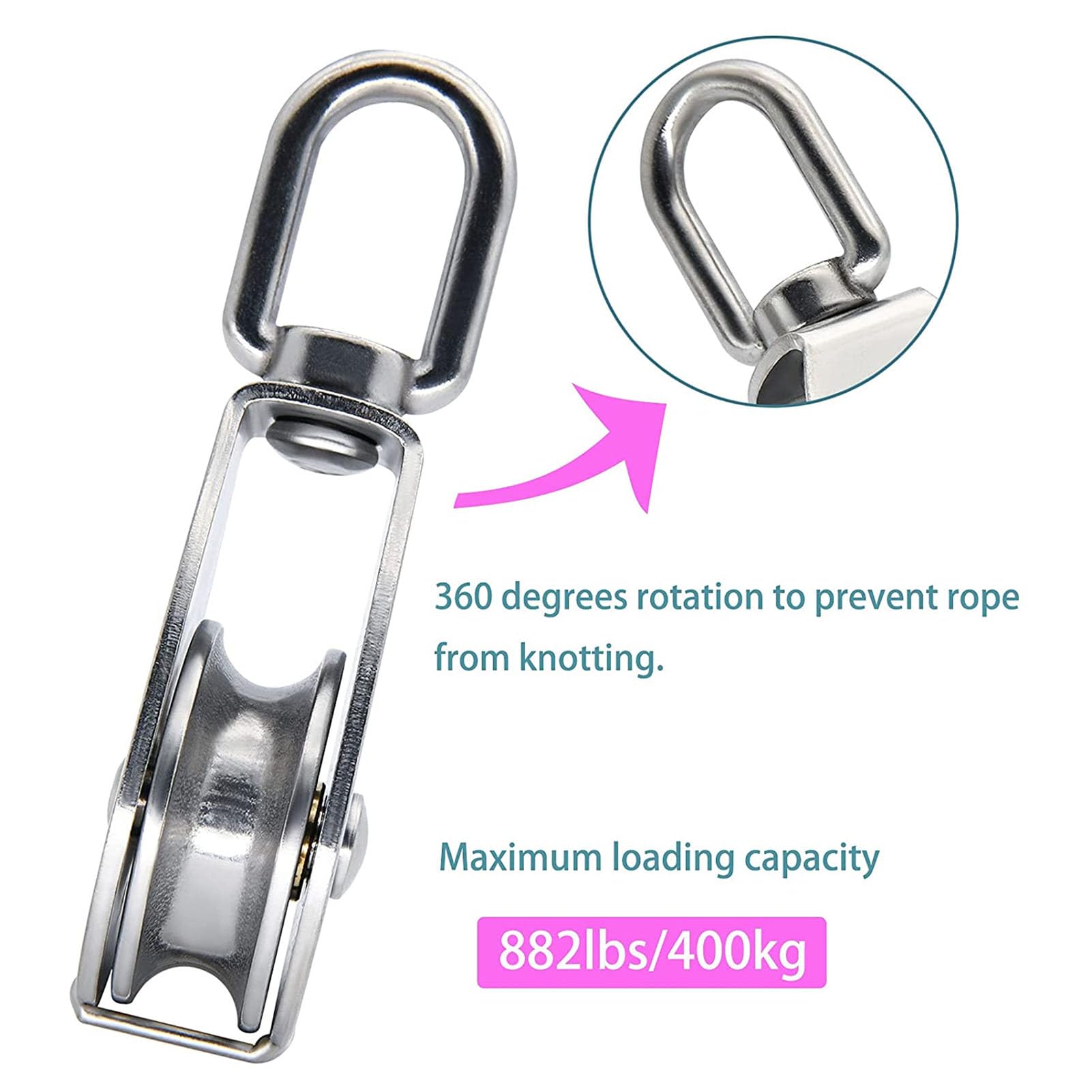 2PCS Blocs de poulie, en acier inoxydable 250kg / 551 lb Roulement avec 2 m12 Spring Snap Hook Anchor Poulle