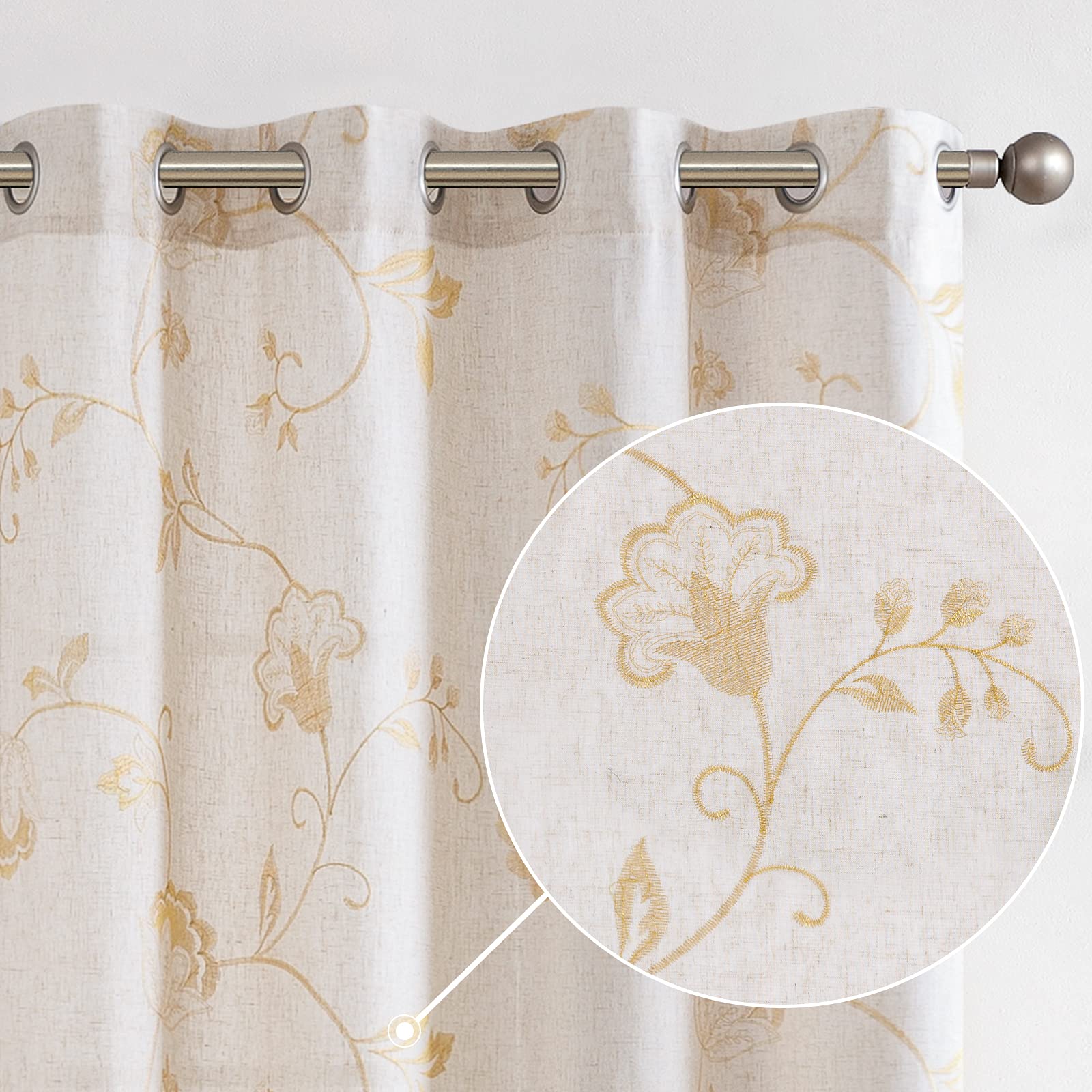 Lazzzy Semi Sheer Beige Curtains Gold Floral Embroidered Curtains Linen Textured Sheer Privacy Curtains Farmhouse Cottagecore Grommet Window Drapes for Living Room Bedroom 84 Inch Long 2 Panels