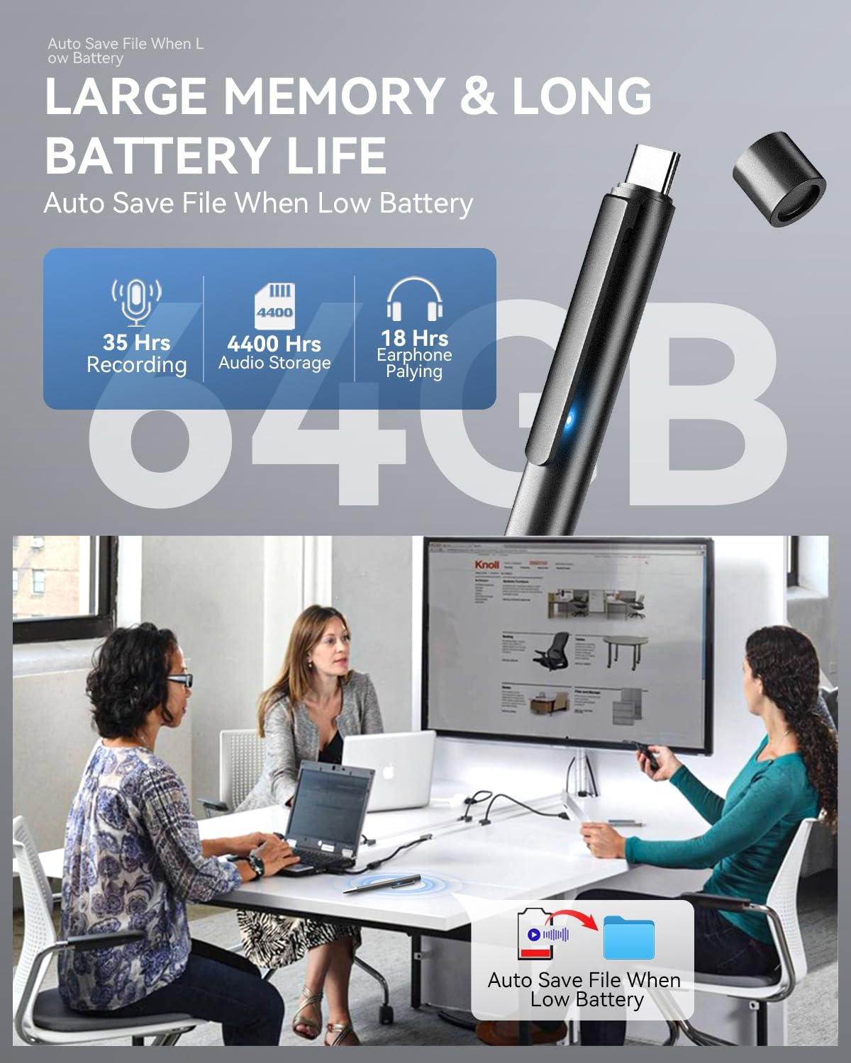 64GB Digital Voice Recorder, Recording Device with Noise Reduction, Voice Activated Tap Recorder for Lectures,Meetings, Work, Interviews, Class