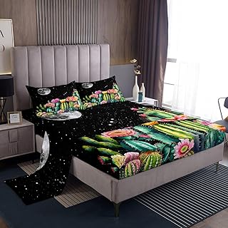Cactus Kids Sheet Twin Size,Tropical Succulent Plants Lovers Bedding Set,Girls Boys Adults Room Decor,Moon Starry Sky Romantic Rustic Farmhouse Bed Sheet Set 3pcs(Fitted + Flat + 1 Pillowcase)