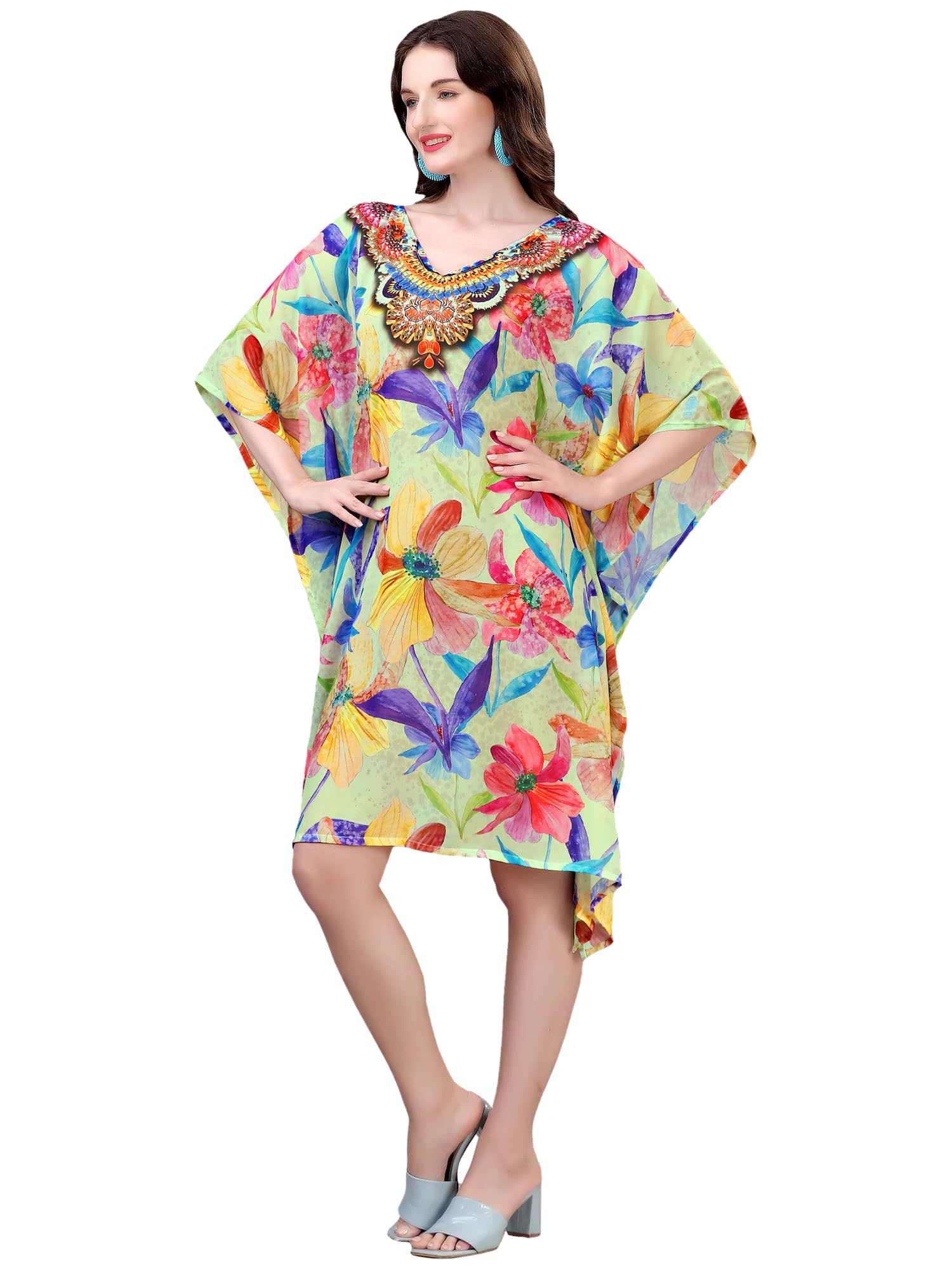 Fog Green Georgette Floral Printed Short Kaftan Lightweight Free Size Casual Summer Wear for Women's-image-21