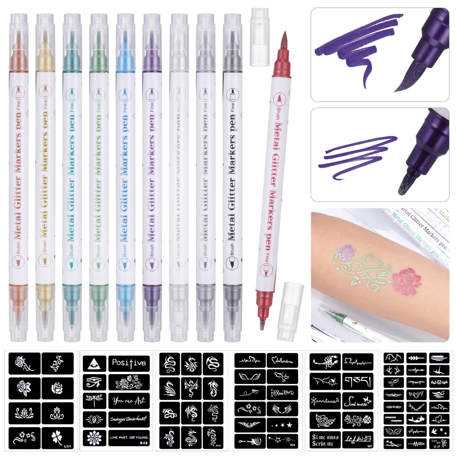 Temporary Tattoo Markers for Skin - Multicoloured Tattoo Kit with 10 Dual-End Pens, 60 Patterns Stencils, Face Paint for Kids and Adults