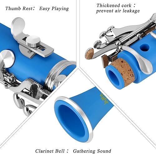 Vista 24 de Clarinete BB para principiantes, estudiantes, clarinete plano B, clarinete de 17 teclas con correa de soporte, 2 barriles, 8 boquillas, cojín