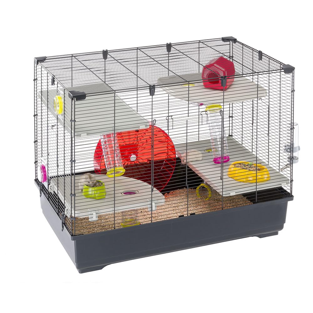 Ferplast Jaula Hámster Village 80, Jaula para Hámster de 5 Niveles con Casita y Bebedero, Túnel de Juegos para Hámster, Rueda Hamster, 82 x 51 x h 62 cm, en Metal Pintado y Plástico