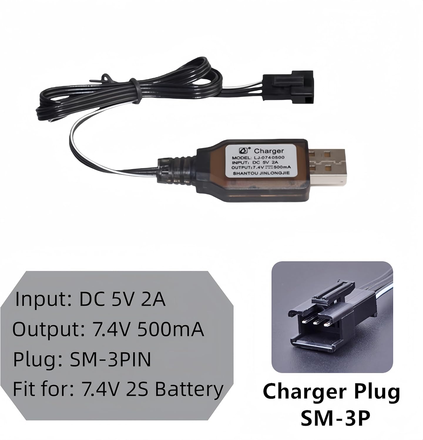SM-3P Charger with SM-3PIN Plug for 7.4V 2S Lipo Battery RC Car RC Tank RC Boat Toys Universal 7.4V USB Charger Cable with Protection 2 Pack