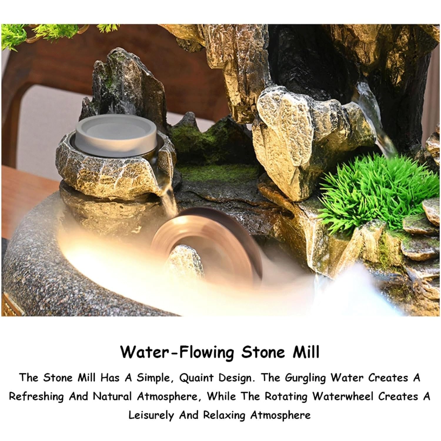 Tischbrunnen, Felsbachbrunnen, Wasserfallbrunnen, Schreibtischbrunnen, Wasserbrunnen für den Innenbereich mit Beleuchtung und künstlichen Pflanzen