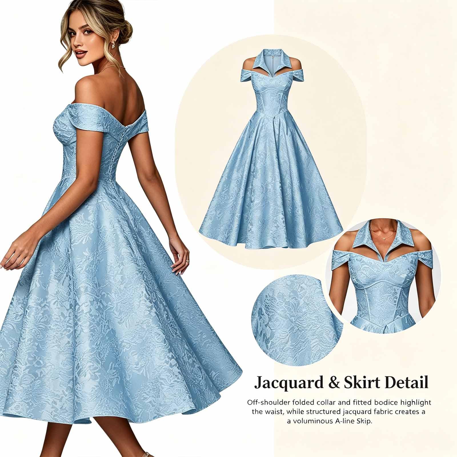 Vestito Sfilata Jacquard Spalla Nuda Lunghezza Tea A-Line