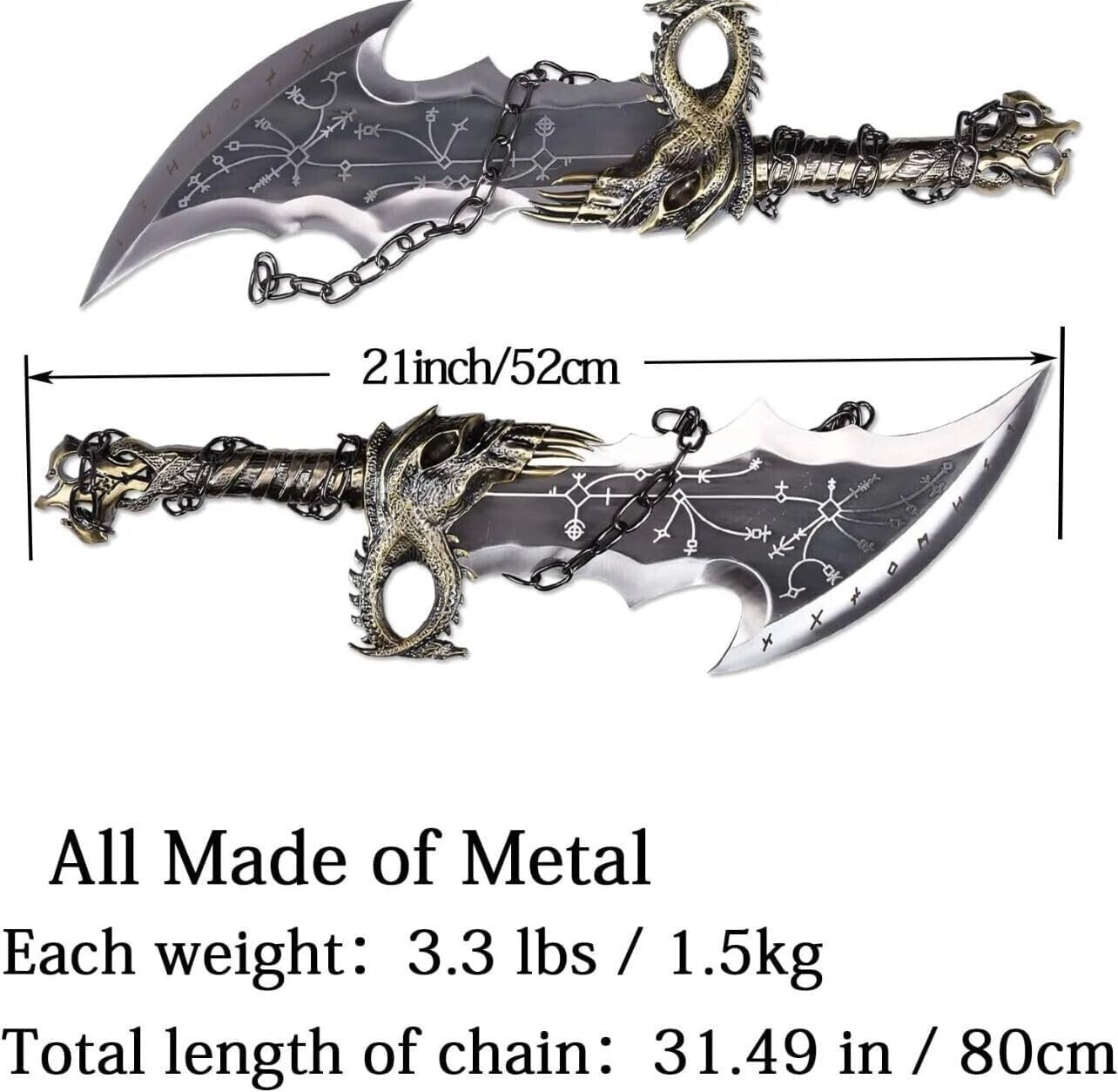 Handmade God of Wars Blades of Chaos Metal Set, God of Wars, GOW Blades of Chaos Sword Twin Blade Sword, Karaatos Metal Cosplay Weapon Prop Replica,Viking Gifts Men (Set of Blade of Chaos.)