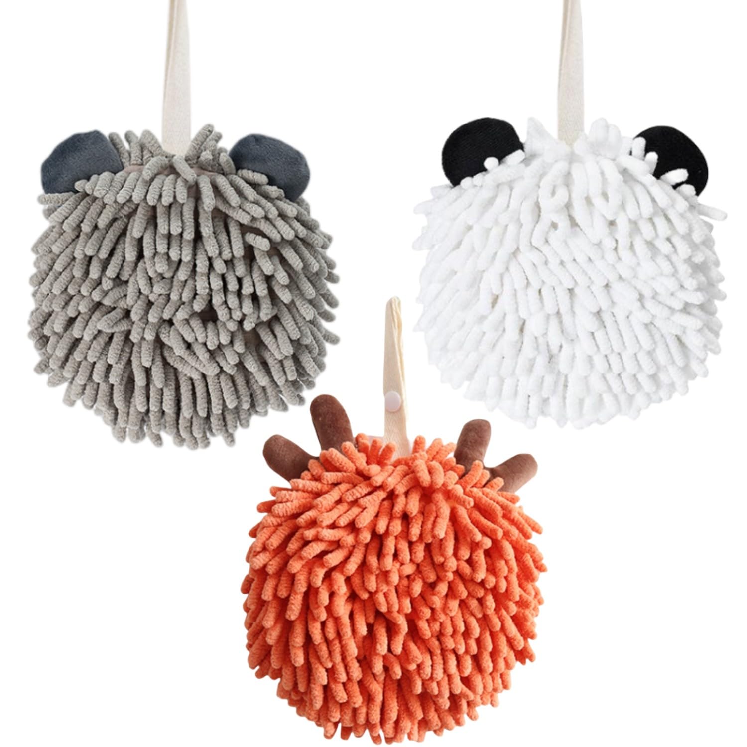 yaocoral Chenille Hand Towels,Cute Animal Hanging Hand Towels for Bathroom,Kitchen Hand Towels with Hanging Loops,Fuzzy Hand Towel Ball Quick Dry,Set of 3(White Grey Orange)