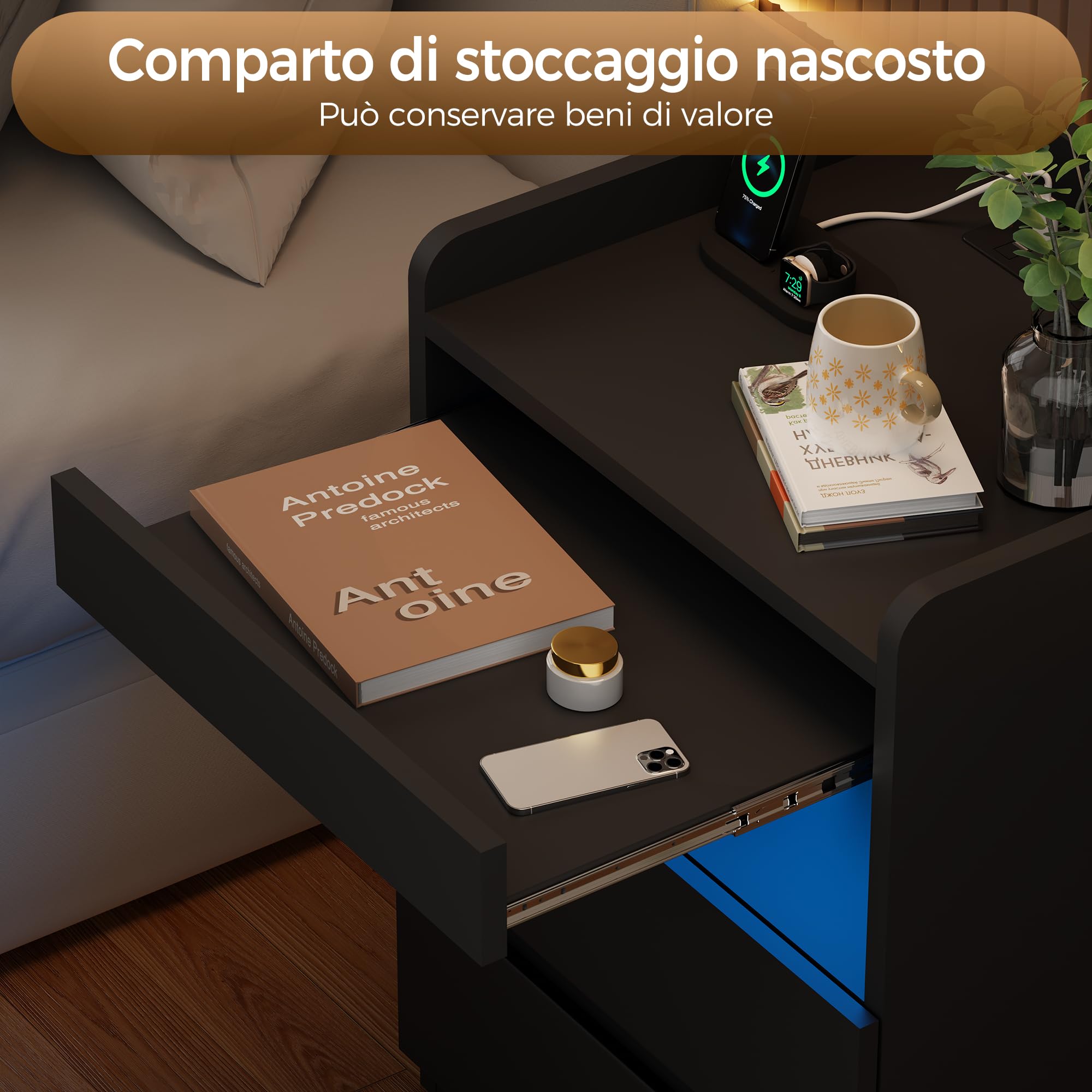 BEWISHOME Set di 2 Comodino,con Scomparto Nascosto(2 Cassetti),Comodino con presa,Semplice e Versatile,con Funzione di Ricarica,per Soggiorno,Camera da letto (Nero) EFCG02B