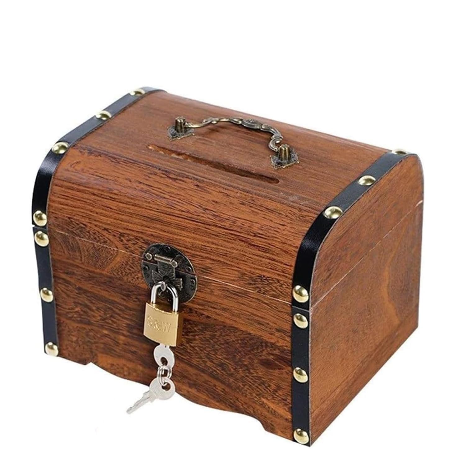Joyzzz Wood Piggy Bank for Kids - Vintage Treasure Chest Child Money Coin Bank, Shatterproof With Lock - Boy's Birthday Gift