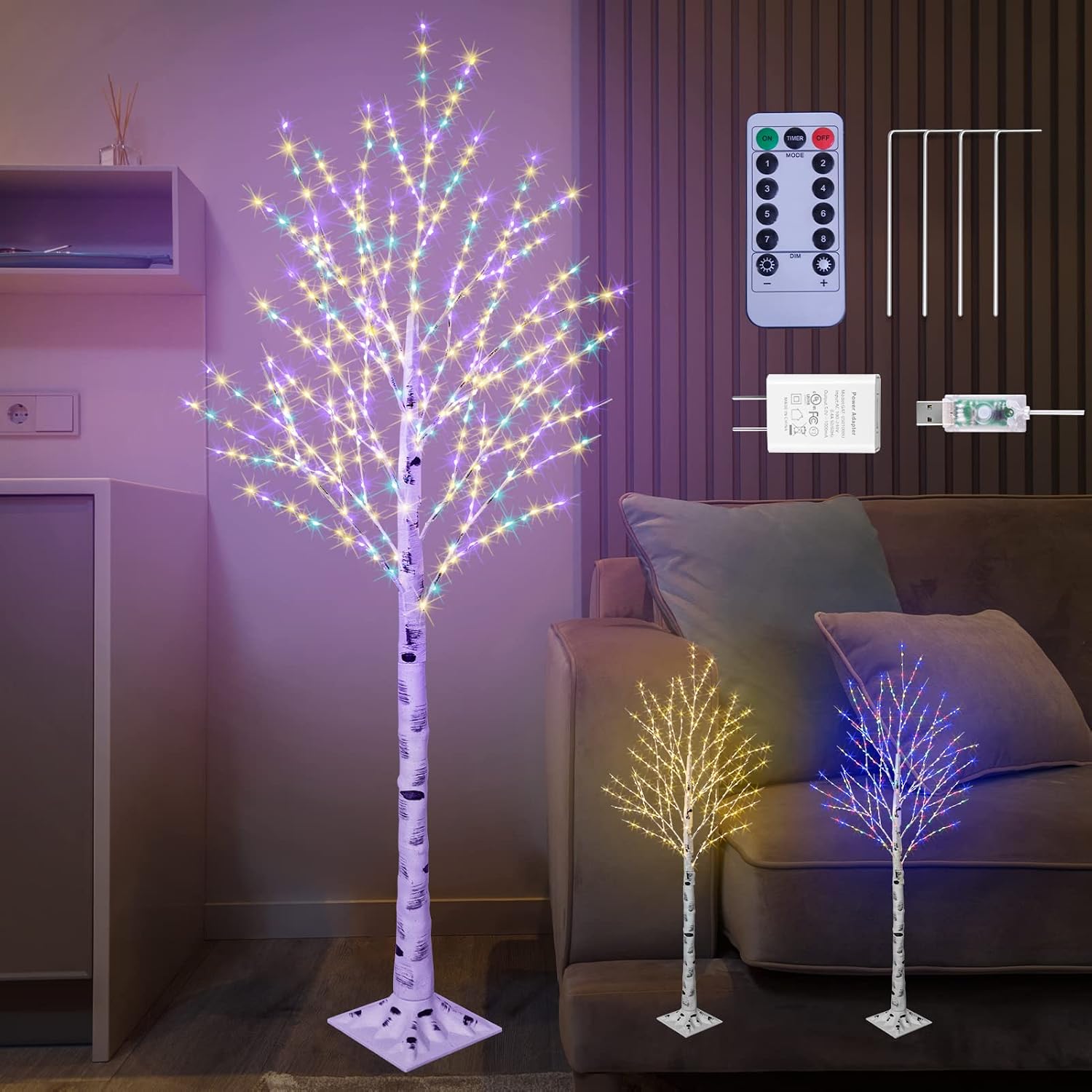 FastDeng 6FT Lighted Birch Tree - 440 Multicolor LED Christmas Tree Lights with Remote, 8 Modes Flashing Warm White Fairy Lights, Timer Function, Dimmable for Wedding Party Indoor Outdoor Decor