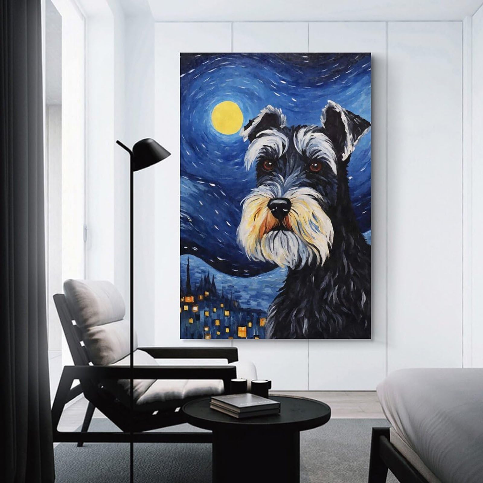 Junmoney Unframe-Style-17 Wall Decor Canvas Print Miniature Schnauzer Night, 08X12inch(20X30cm), For Living Spaces, Bedrooms Or Relaxed Rooms, A Home Accent With Warm Character