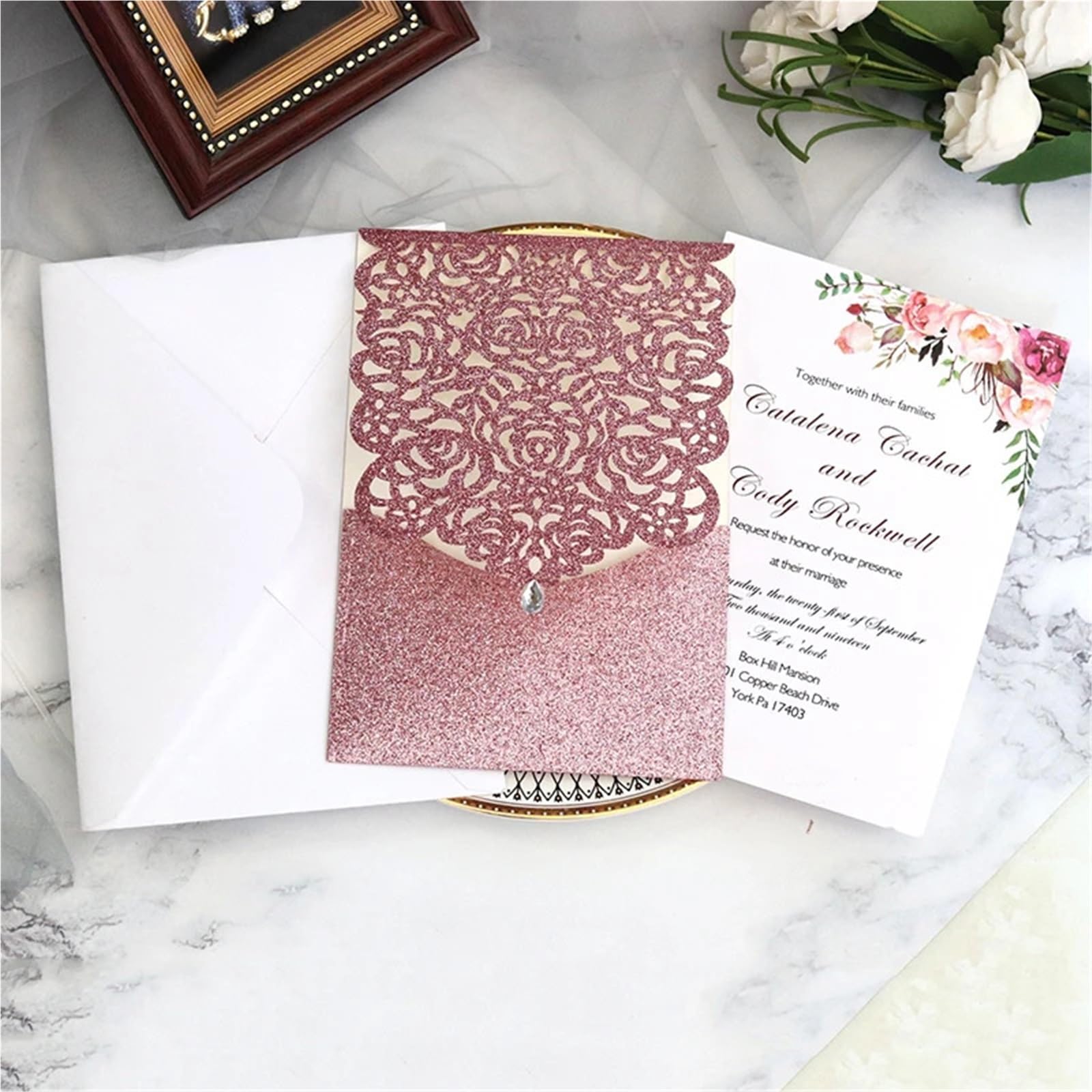 Einladungskarten für alle Anlässe, Hochzeitseinladungskarten, 10er-Pack, Glitzerpapier, Mehrfarbig, 125 x 180 mm, mit Umschlägen(Rose Cover Insert)