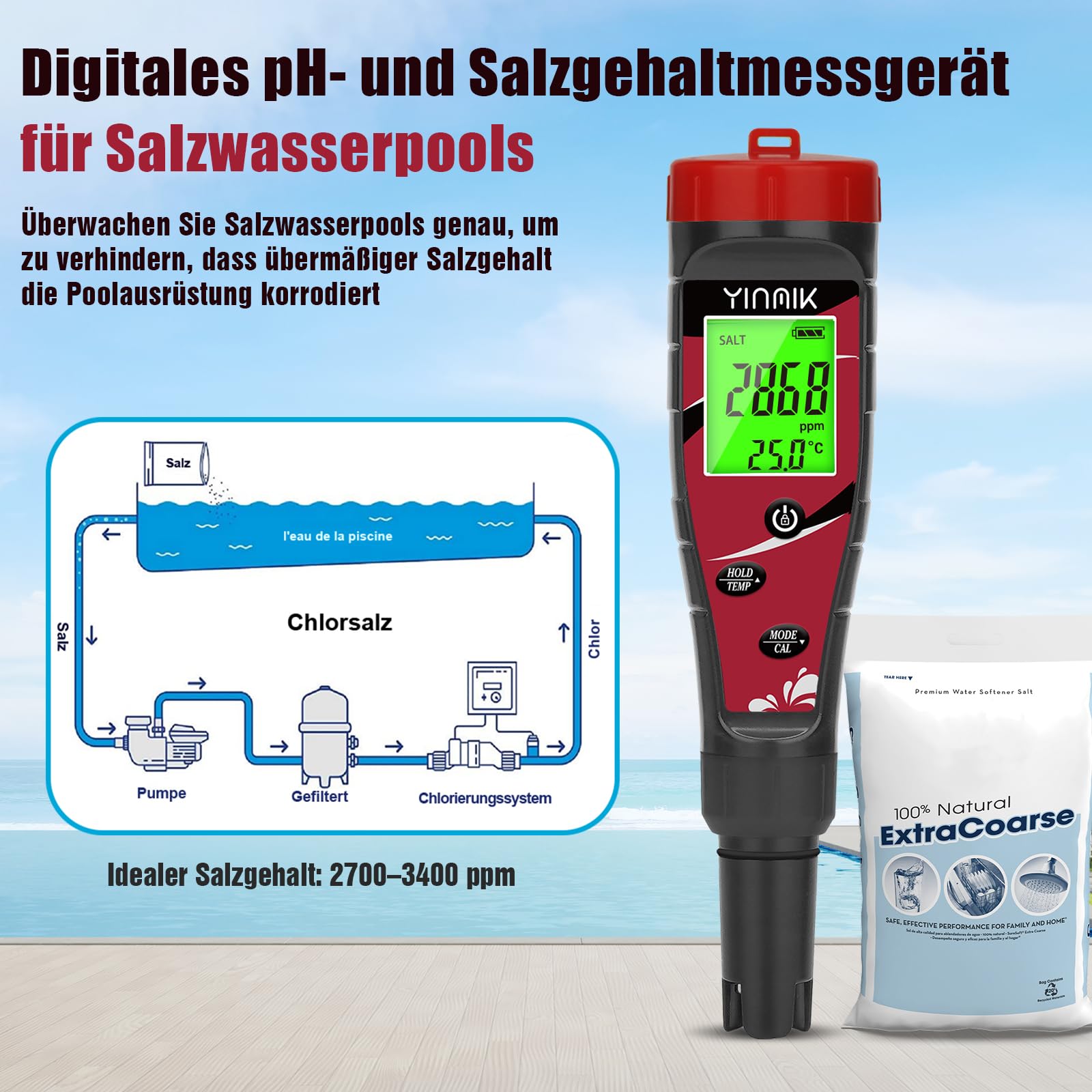 YINMIK pH und Chlor Messgerät 7 in 1 für Salzwasserpool, Aquarium, Hydroponik, Trinkwasser