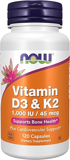 NOW Supplements, Vitamin D-3 & K-2, 1,000 IU/45 mcg, Plus Cardiovascular Support*, Supports Bone Health*, 120 Veg Capsules