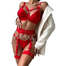 Alrovetoney Sexy Lingerie Set For Women With Garter Belt 5 Pieces Strappy Bra and Panty Set Adjustable With Chain