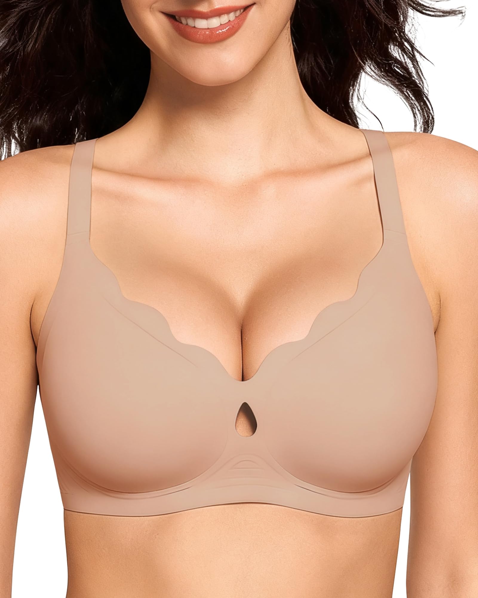Vinfact Bequem BH Damen Ohne Bügel Nahtloser Große Brüste Starker Halt V-Ausschnitt Bügelloser Seamless T Shirt Schlaf BH Creme Kaffee S