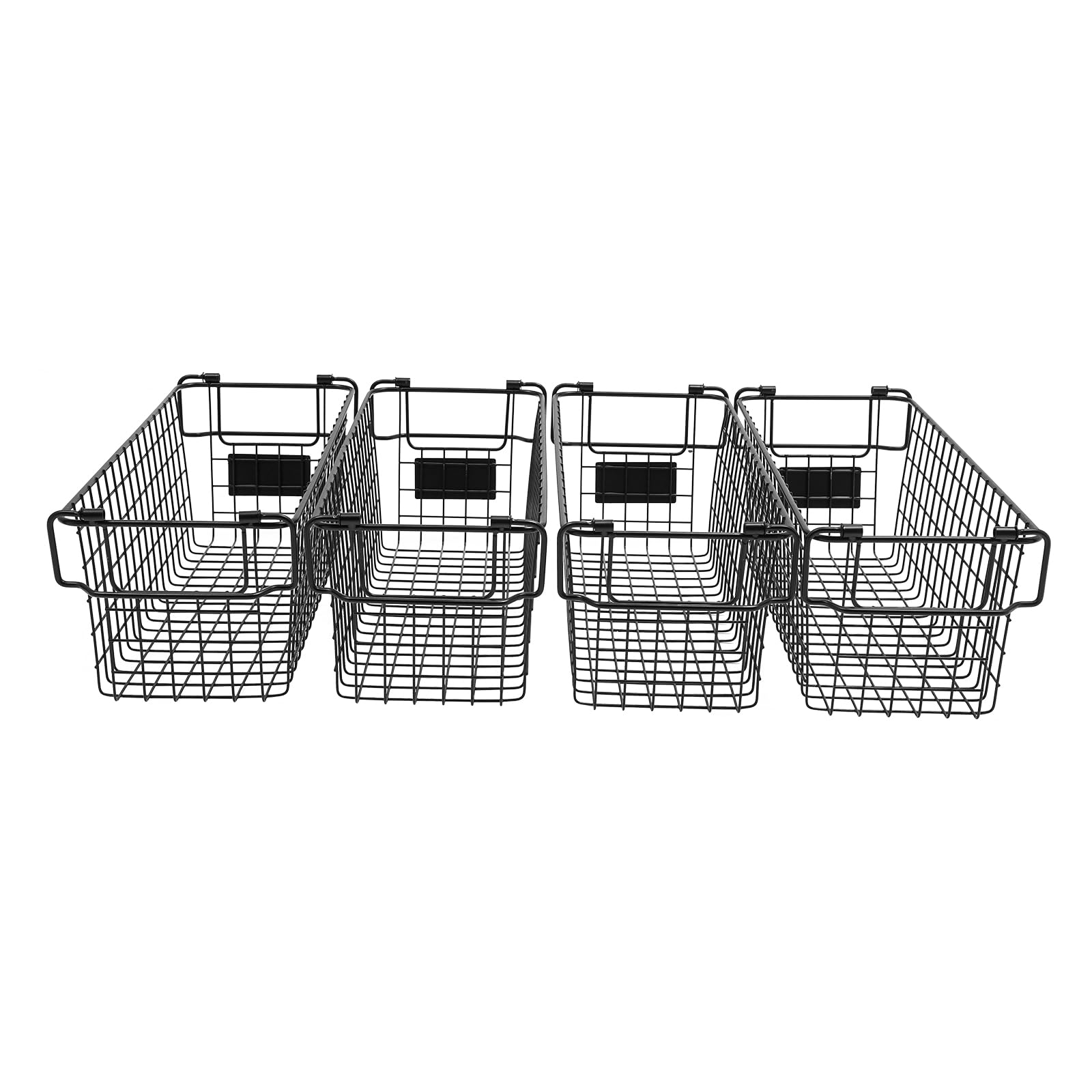 4er Set Stapelbare Aufbewahrungskörbe aus Metall, Rechteckige Gemüsekörbe mit Griffen, Schwarz, Luftdurchlässig für Küche, Speisekammer, Bad & Büro