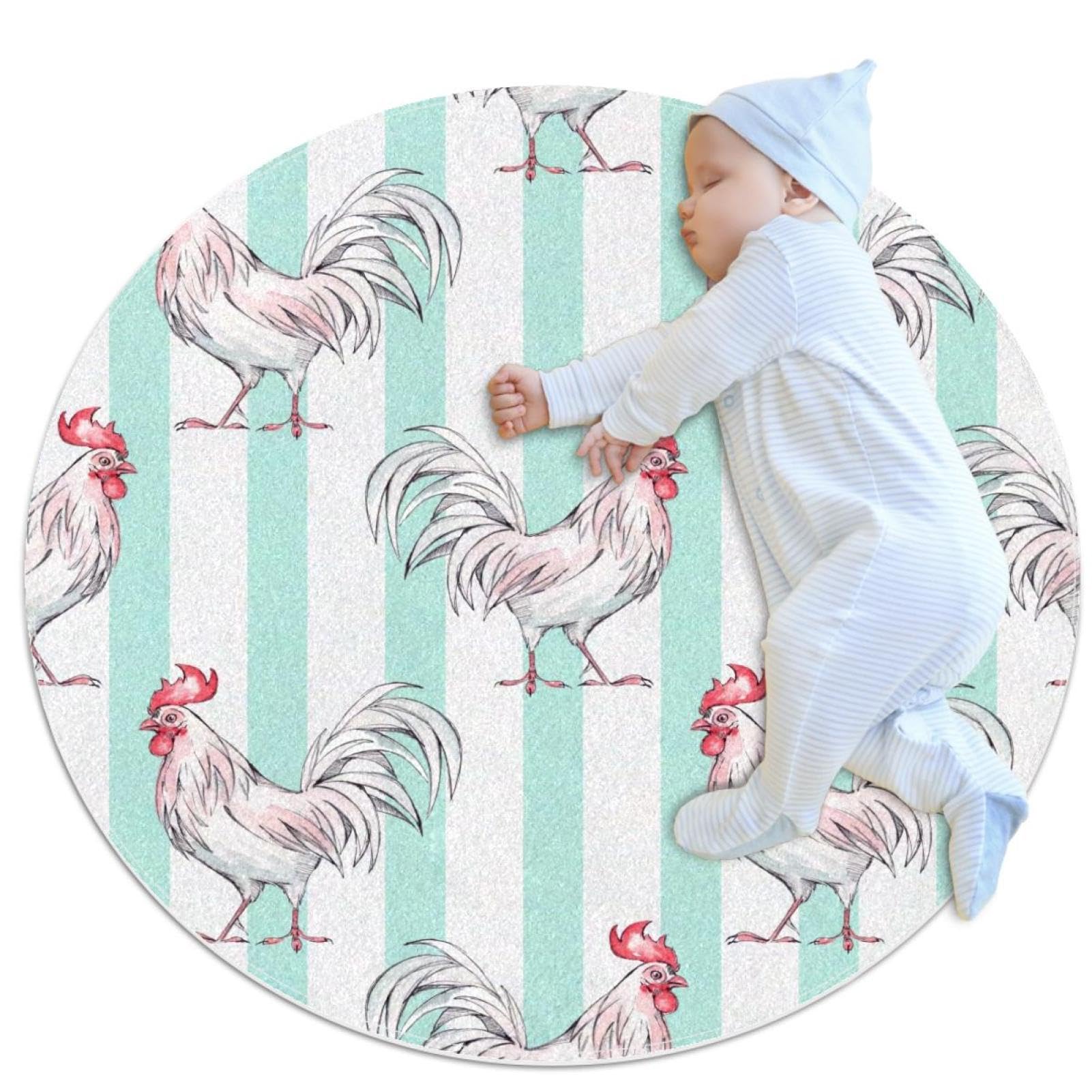 Tapis antidérapant rond 1m motif coq vert pour salle de bain sécurisée