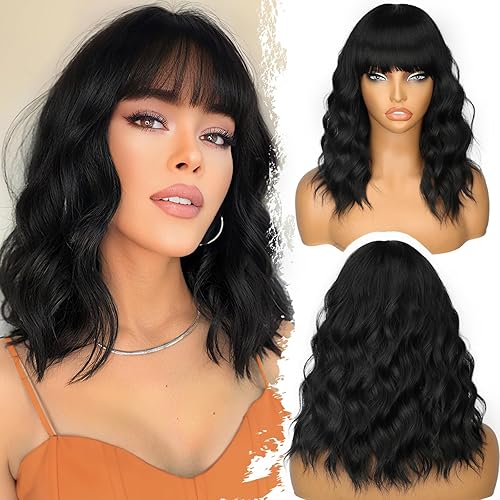 Nnzes Peluca rubia con flequillo para mujer, longitud al hombro, ondulada, encantadora, pelucas sintéticas con cabello rizado natural resistente al